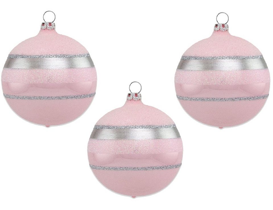 Thüringer Glasdesign Weihnachtsbaumkugel Ø 8 cm - Glitterstreifen Rosa Opal  (3 St), aus Glas