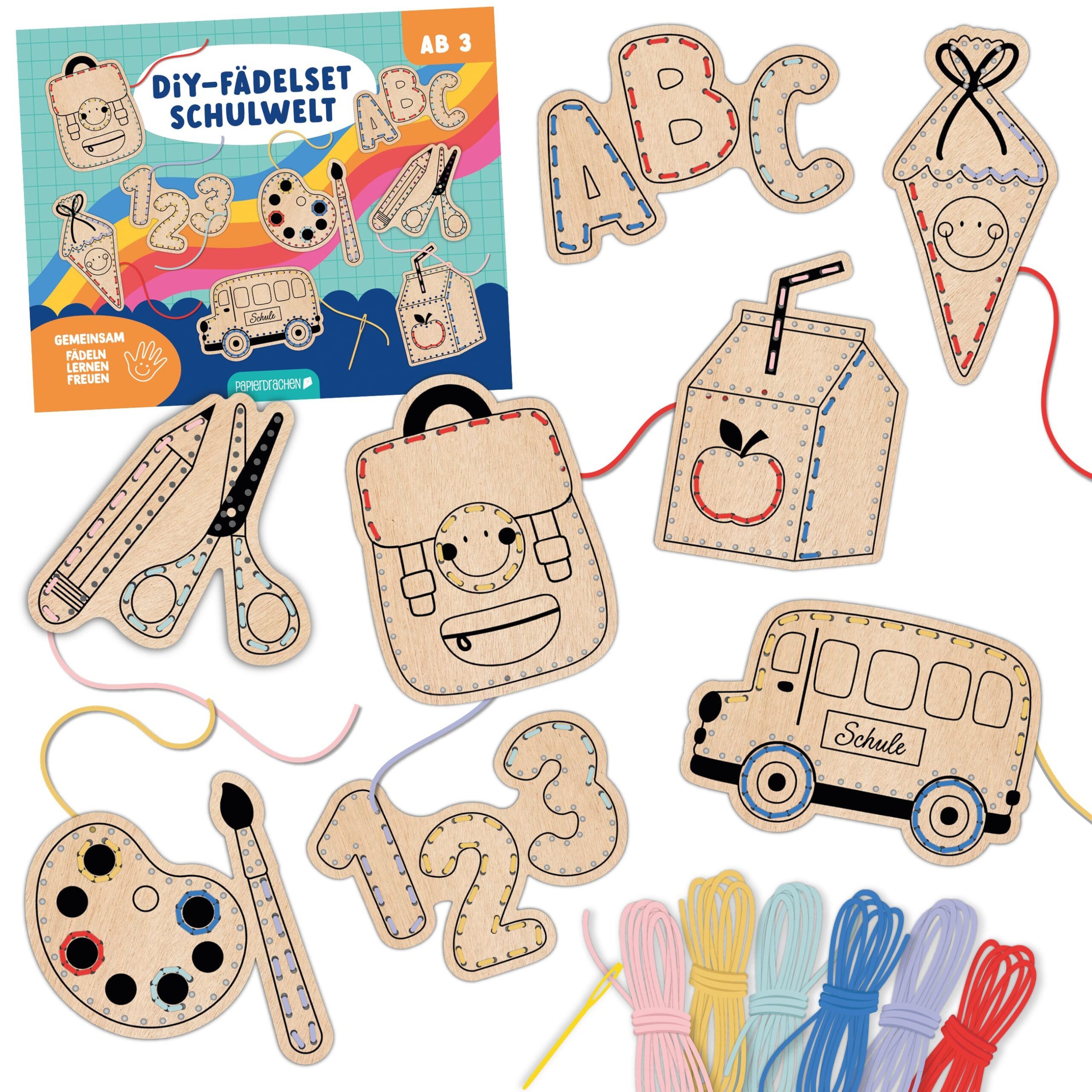 PAPIERDRACHEN Papierdekoration DIY Fädelset aus Holz – Motiv Schule, Kuchenstecker für den Kindergeburtstag