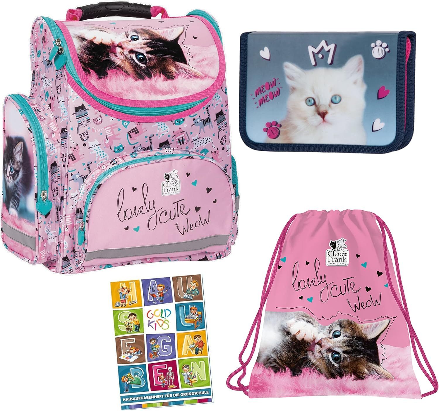 GOLDKIDS Schulranzen 4er Cleo & Frank Set Ranzen Tornister (Federmappe Turnbeutel Turnsack, 1-tlg., Aufgabenheft für die Grundschule Katze), Cat Motiv