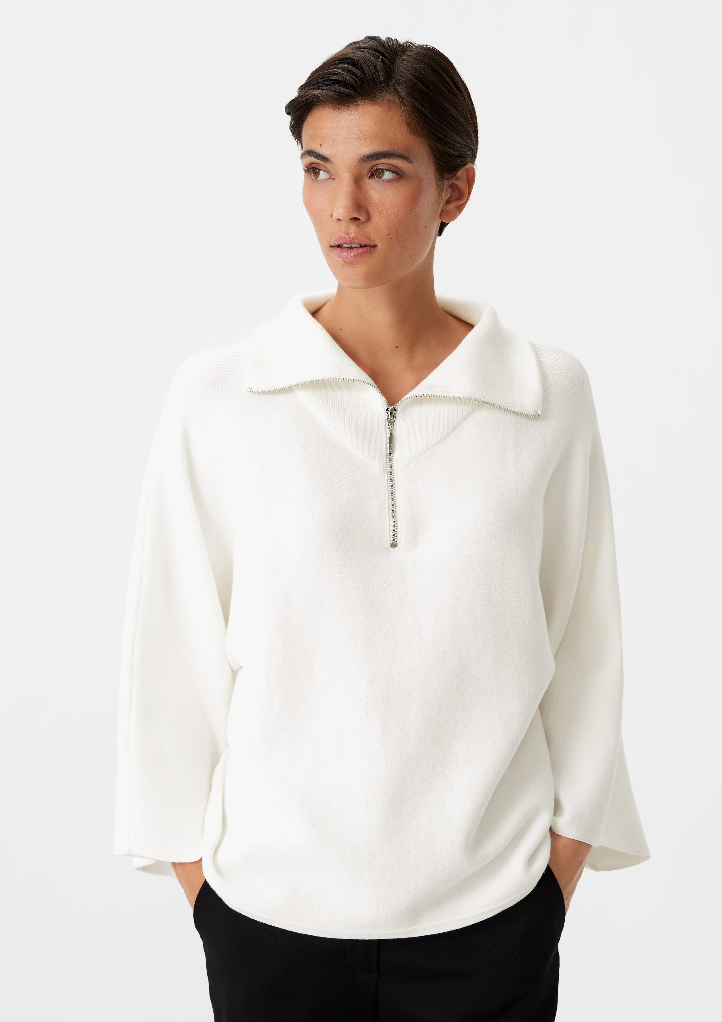 Comma Schmuckset Poncho-Pullover mit Stehkragen, Rippblende weiß