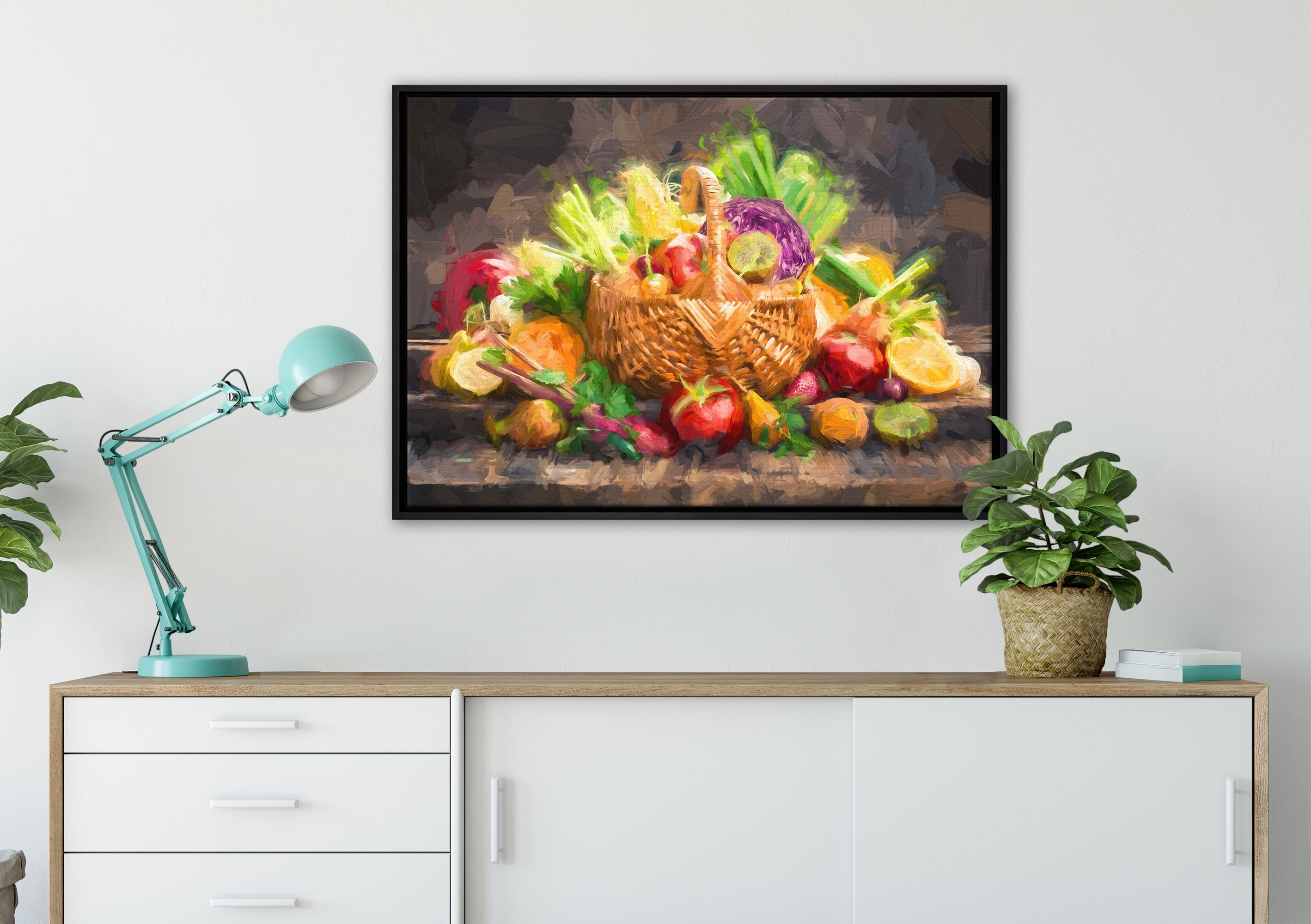 Pixxprint Leinwandbild Obst und Gemüse St), gefasst, einem Leinwandbild in Zackenaufhänger Korb, Schattenfugen-Bilderrahmen Wanddekoration (1 fertig im inkl. bespannt