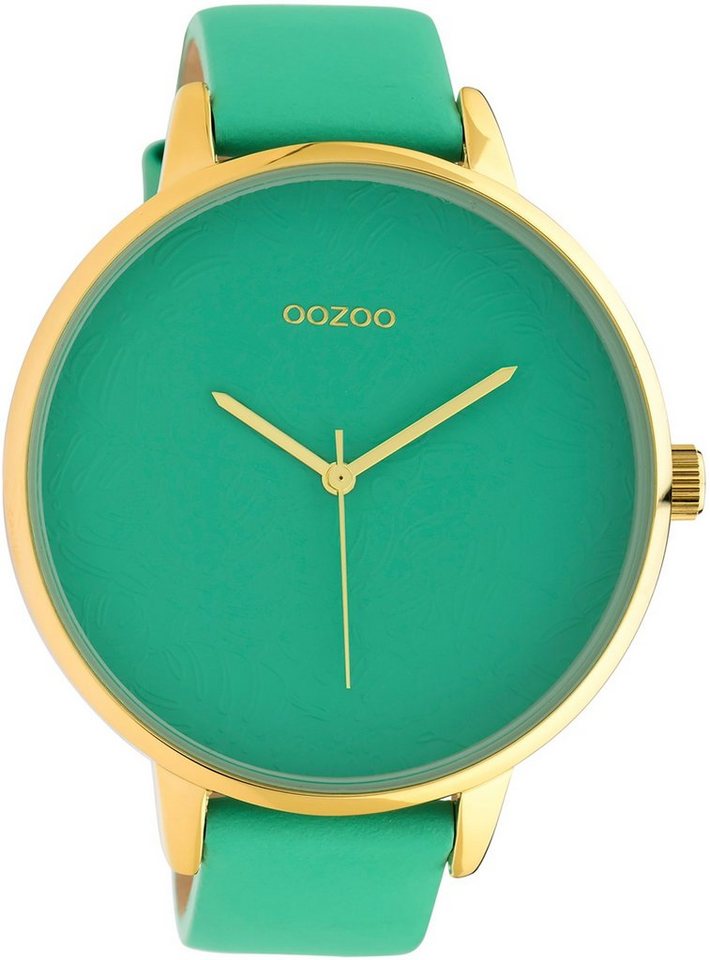 OOZOO Quarzuhr Oozoo Damen Armbanduhr hellgrün Analog, Damenuhr rund, extra  groß (ca. 48mm) Lederarmband, Fashion-Style