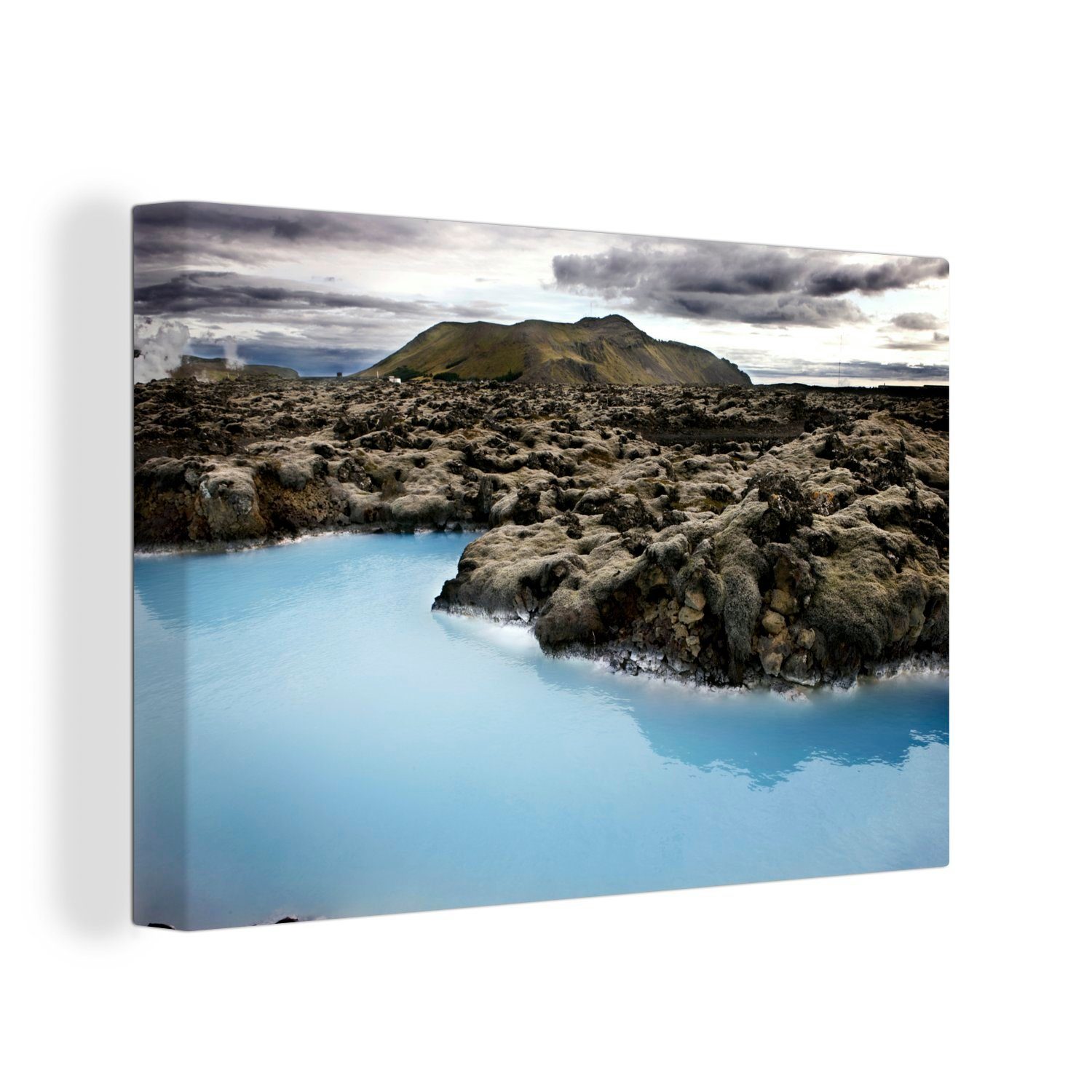 OneMillionCanvasses® Leinwandbild Blaue Lagune in Island bei Sonnenaufgang, (1 St), Wandbild Leinwandbilder, Aufhängefertig, Wanddeko, 30x20 cm