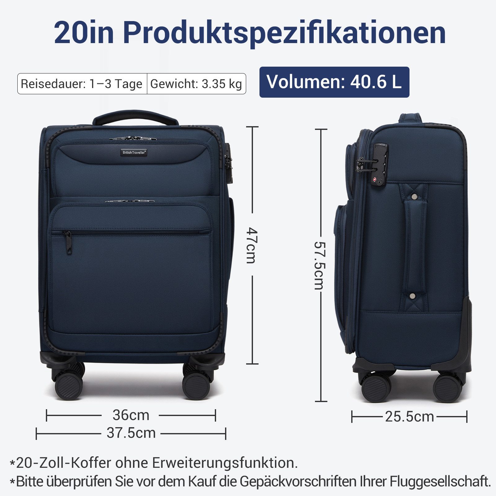 British Traveller Handgepäck-Trolley Stoffkoffer erweiterbar mit Frontfäche günstig online kaufen