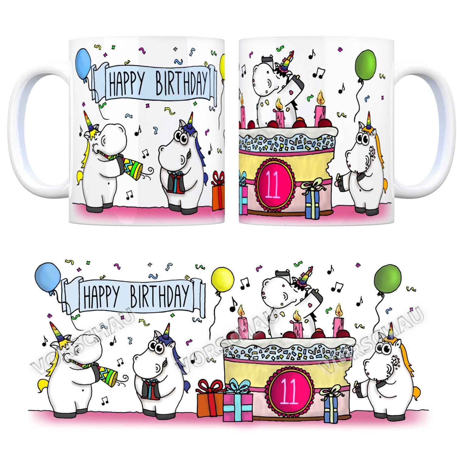 Tasse Kaffeebecher mit Einhorn Geburtstagsparty Motiv zum 11. Geburtstag