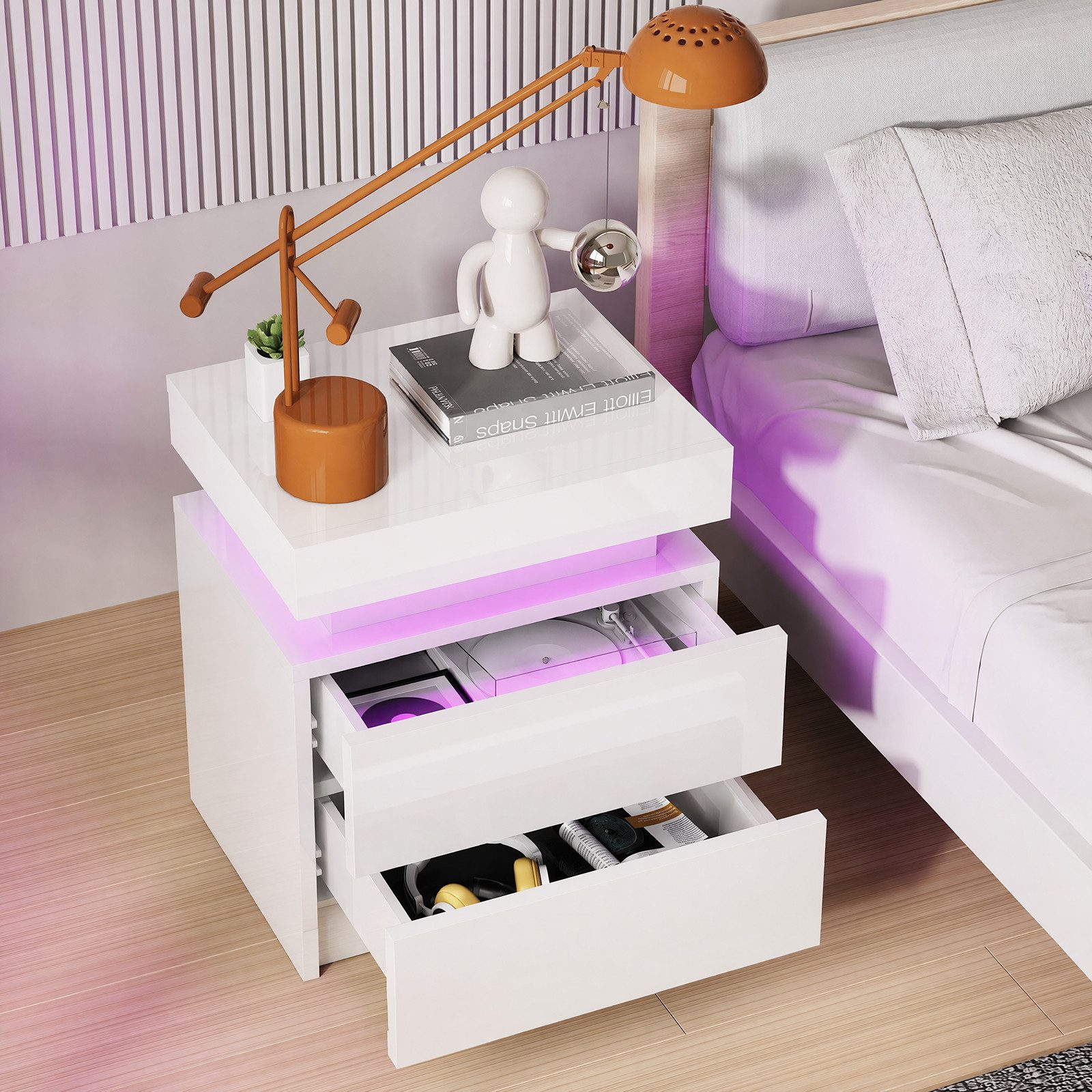 oyajia Nachttisch Hochglanz Nachtschrank mit 2 Schubladen,LED-Beleuchtung 16 Farben (Nachttisch mit LED Streifen, Beistelltisch), Nachttisch mit einstellbare Farben,Sofatisch, 45x35x55 cm Schwarz/Weiß