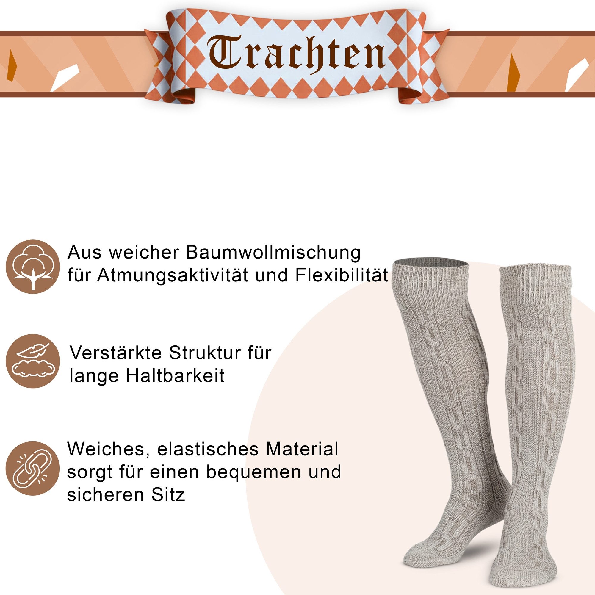 German Wear Trachtensocken GW250- 6xPaar AMZ (6er-Pack) 6er Pack Trachtenstrümpfe Lange Trachtensocken Strümpfe Socken 70cm