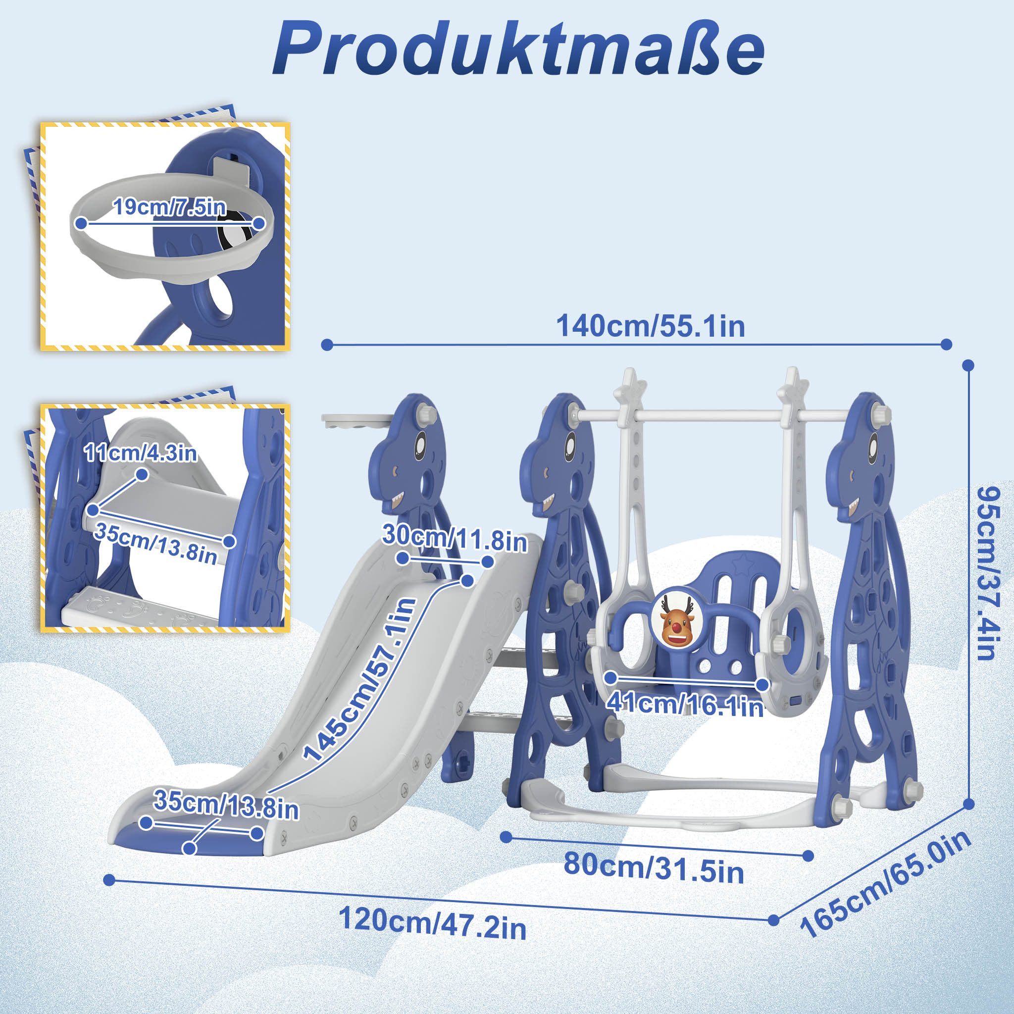 FIVMEN Rutsche Kinder Freistehende Kinderrutsche Spielzeugrutsche Gartenrutsche, Kinder Rutsche inkl. Klettergerüst & Basketballkorb, Blau