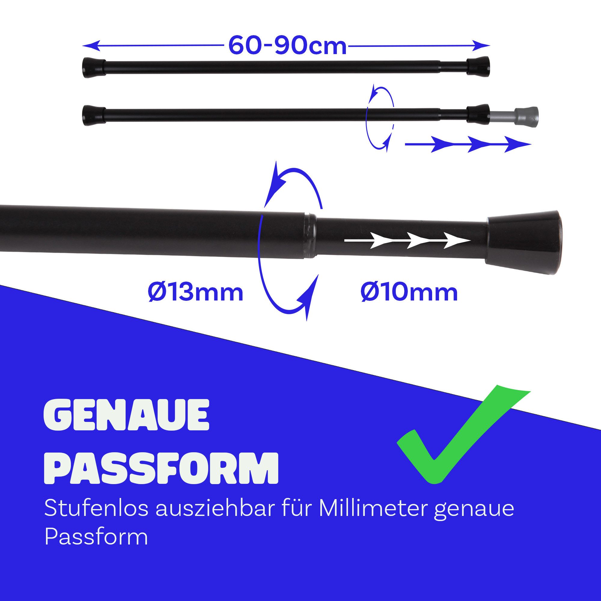 Bestlivings Spannstange ohne Bohren, Ø 13 mm, 1-läufig, ausdrehbar, klemmen, geklemmt, Metall, Ø10/13mm, Material Stange: Metall, Endstück: Kunststoff (Antirutsch)