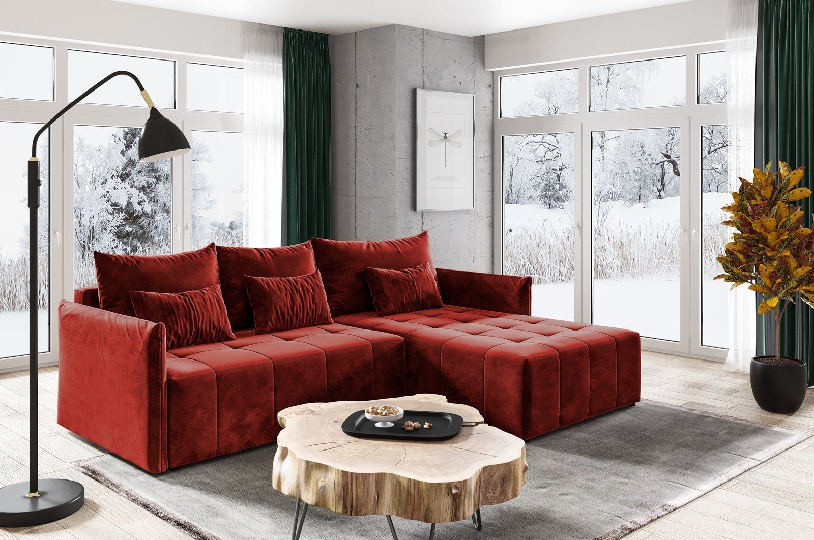 Beautysofa Ecksofa Ben L, Schlaffunktion, Bettkasten, universelle mane, stilvoll Lounge Ecke für Wohnzimmer, L-Form Polstersofa aus Velours Kastanienrot (kronos 02)