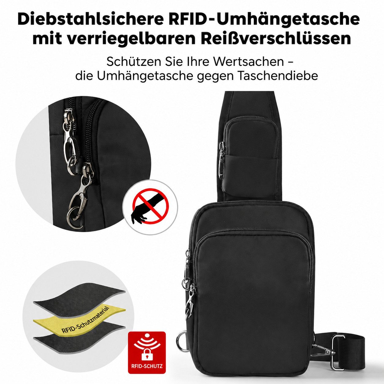 nsihing Umhängetasche RFID Umhängetasche Unisex, Wasserabweisende Crossbody Tasche, Mit Reißverschluss, Diebstahlschutz für Alltag, Arbeit & Reisen – Bild 3 von 5