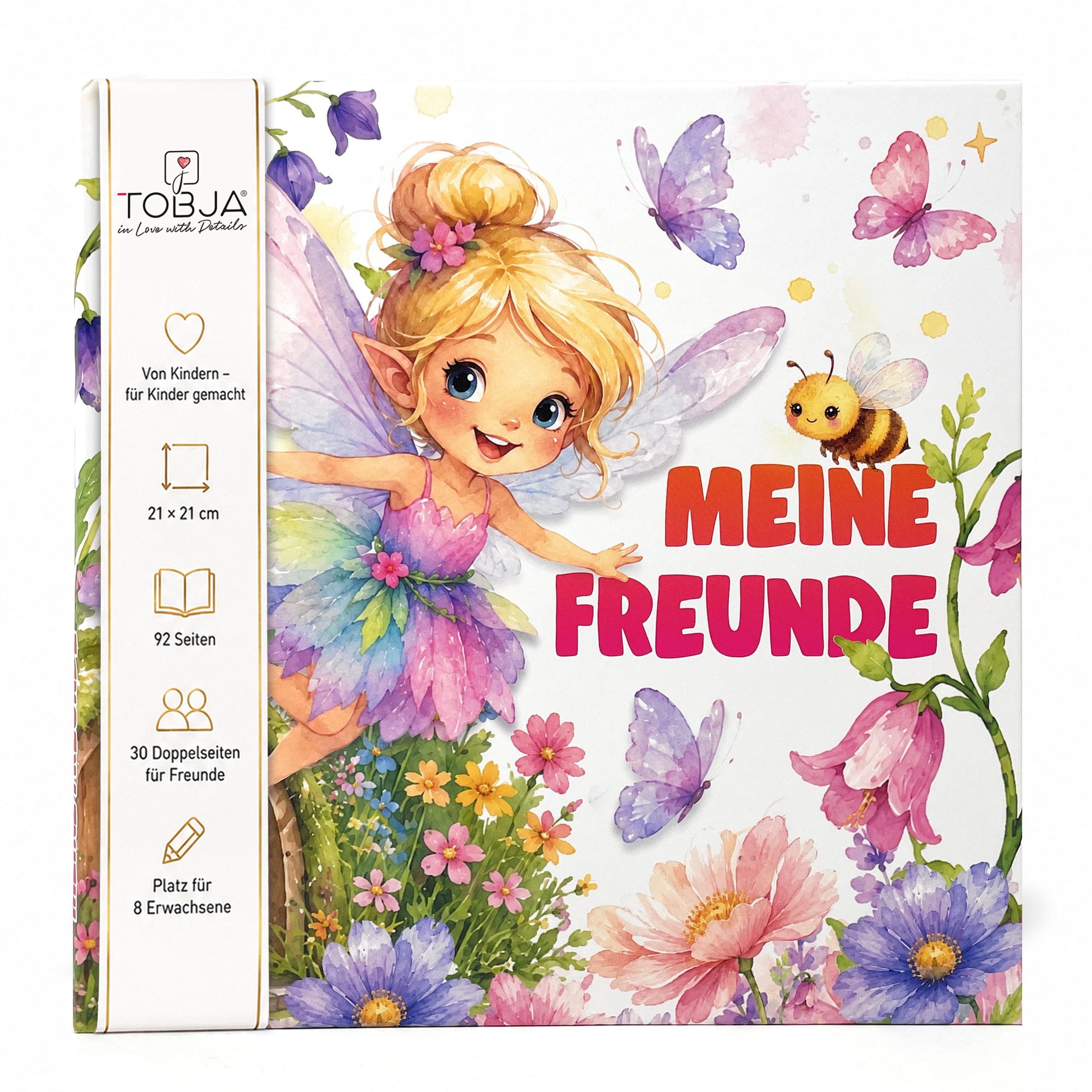 TOBJA Poesiealbum Freundebuch Grundschule Fee 21x21 cm - 30 Freunde, 8 Erwachsene, Feen-Motiv, 92 Seiten, 30 Doppelseiten, FSC®-Papier