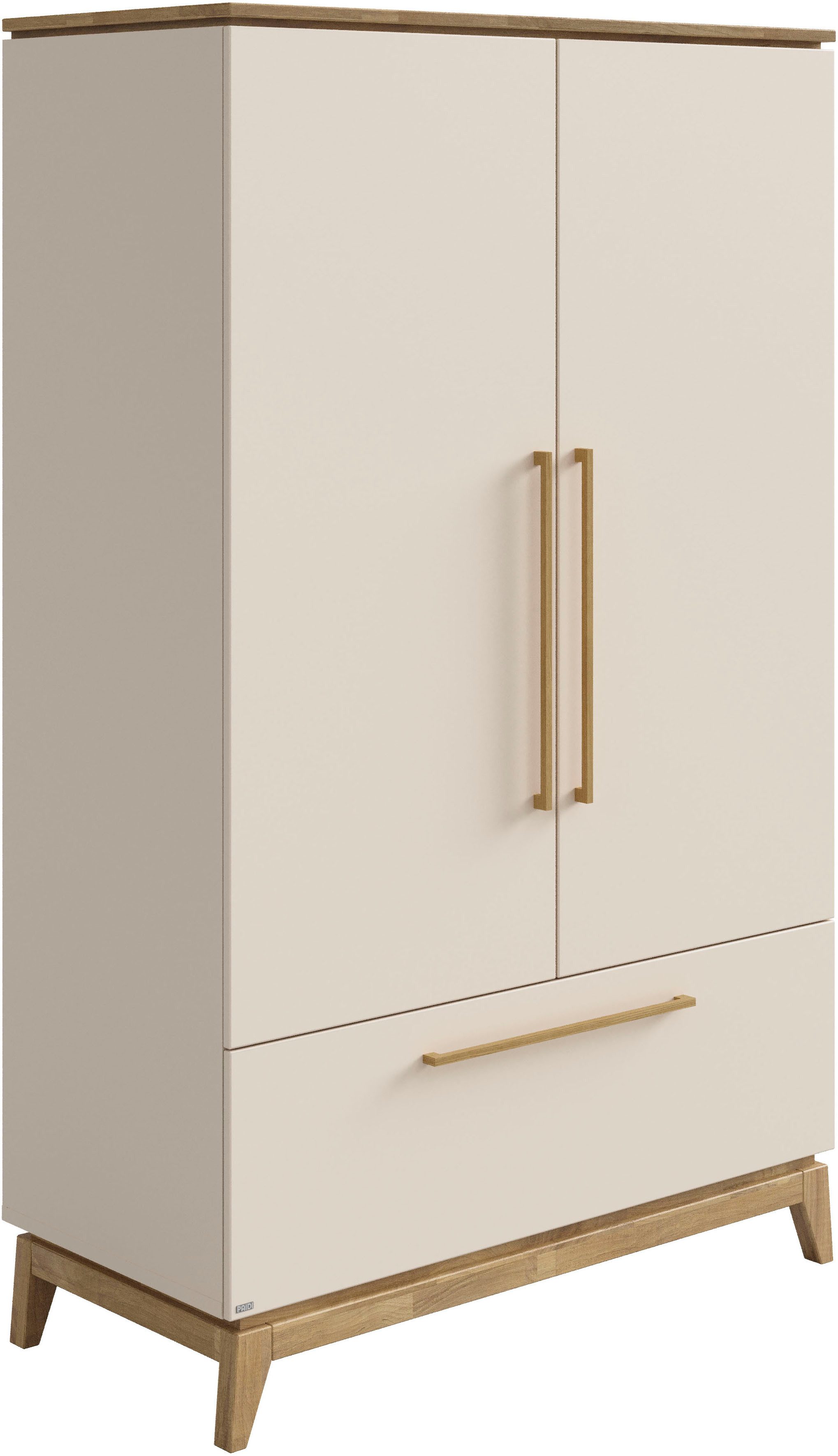 PAIDI Drehtürenschrank STIENE in Beige oder Grau, 2 Türen und 1 Schublade mit Soft-Close (B/H/T ca. 123/200/57cm) inkl Kleiderstange + Einlegeböden, Kleiderschrank mit Eiche Massivholz