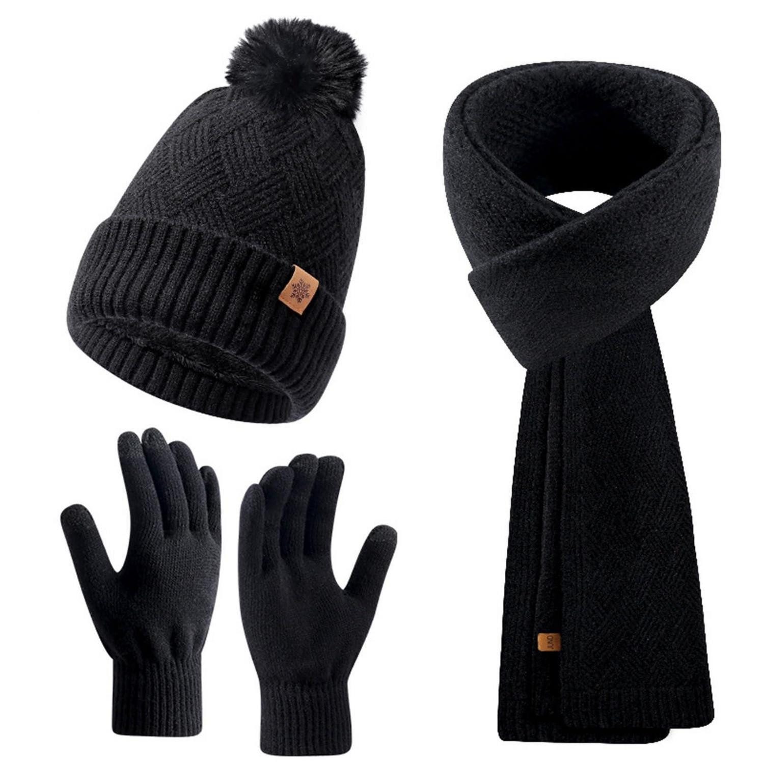 LuxusKollektion Strickhandschuhe Winter Set Mütze Schal Handschuhe Thermo Strick Schwarz (1-St)