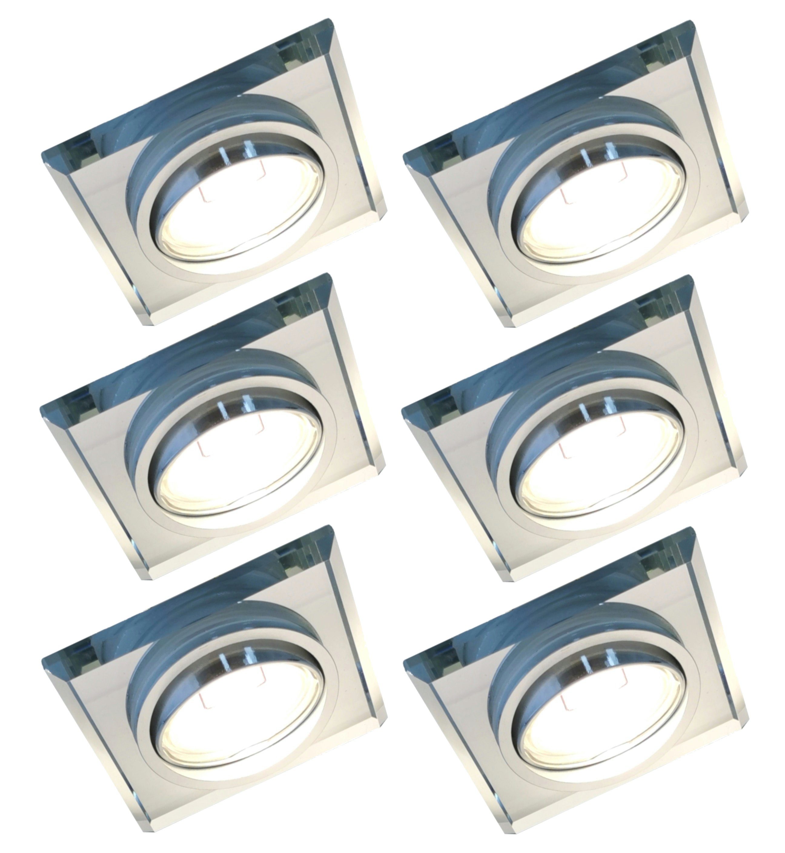 TRANGO LED Einbauleuchte, 6er Set CRYSTAL 6729S-06GUSD-AK Deckenstrahler aus handgeschliffenem Glas & Alu inkl. 6x 3-Stufen dimmbar GU10 LED Leuchtmittel 3000K warmweiß, Einbauleuchte, Einbauspot, Deckenleuchte, Deckenspots