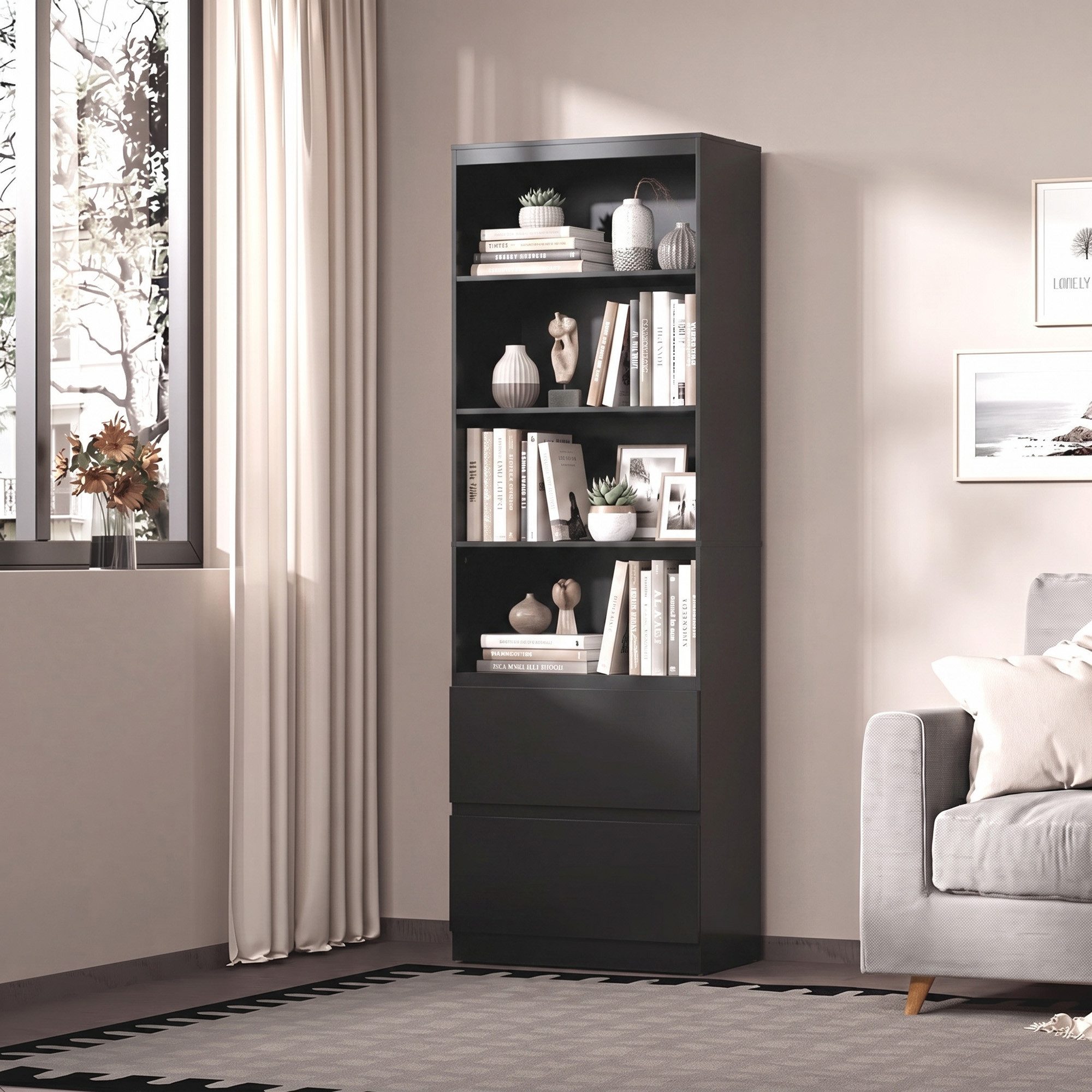Bealife Bücherregal Bücherschrank Hochschrank mit 8 Fächern und 4 Schubladen