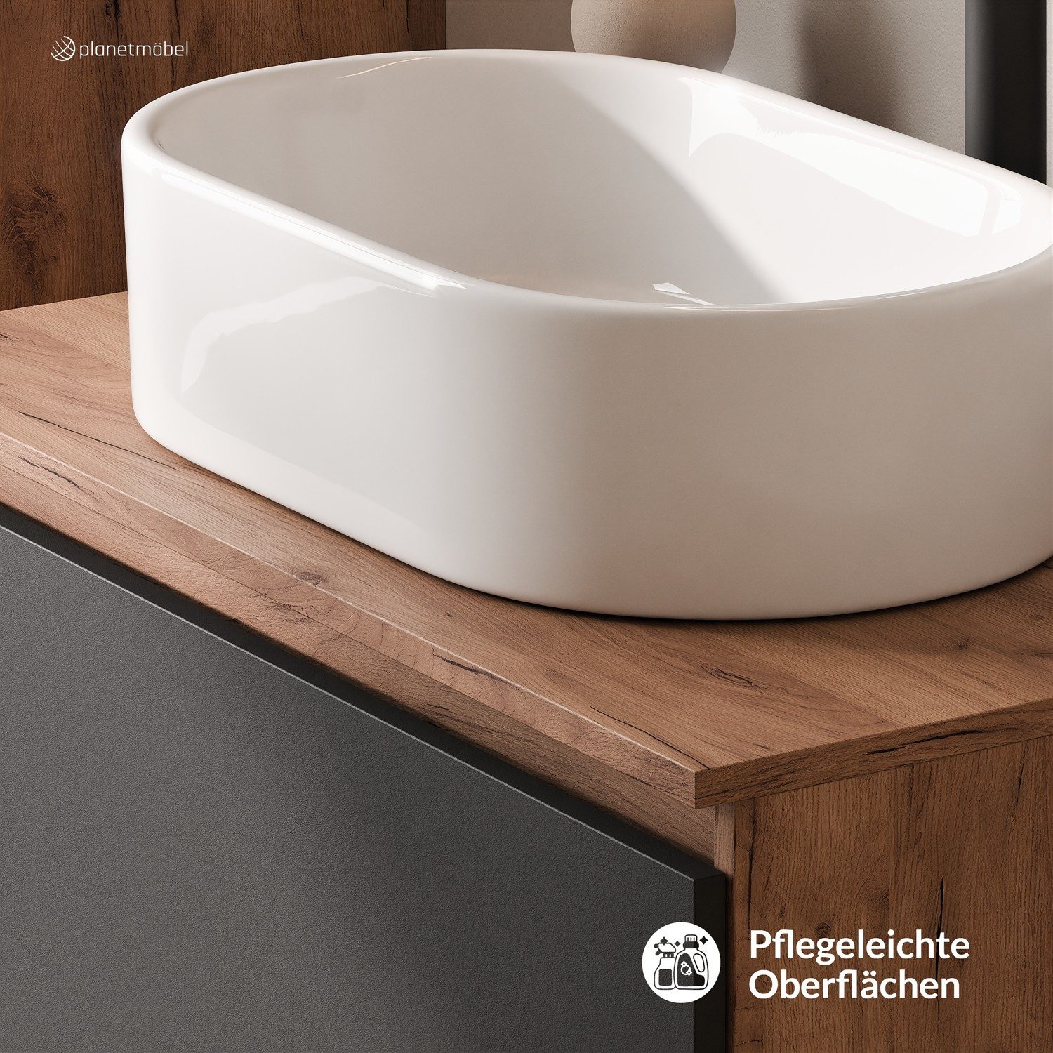 Planetmöbel Waschtisch-Set Arisa 2 teilig, Waschtisch mit Unterschrank 80 cm, Waschbecken 55 cm, (Waschtischunterschrank hängend für Gäste WC & Bad, schwarz, Badmöbel Set mit Waschbecken 55 cm weiß), Schublade mit Soft-Close Funktion