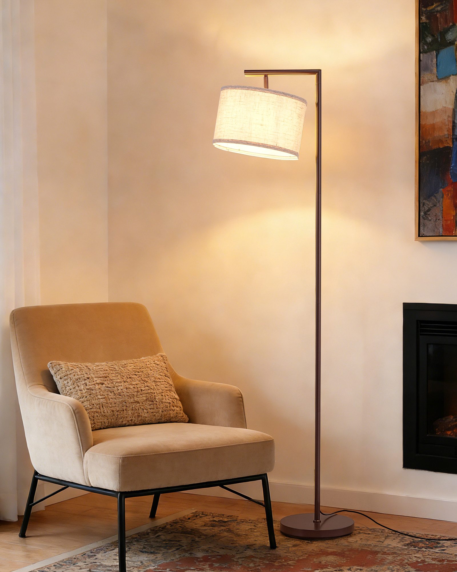 EDISHINE Stehlampe Wohnzimmer 160cm, Lampenschirm verstellbar, LED wechselbar, warmweiß, mit Lampenschirm aus Leinen, Rotbraun