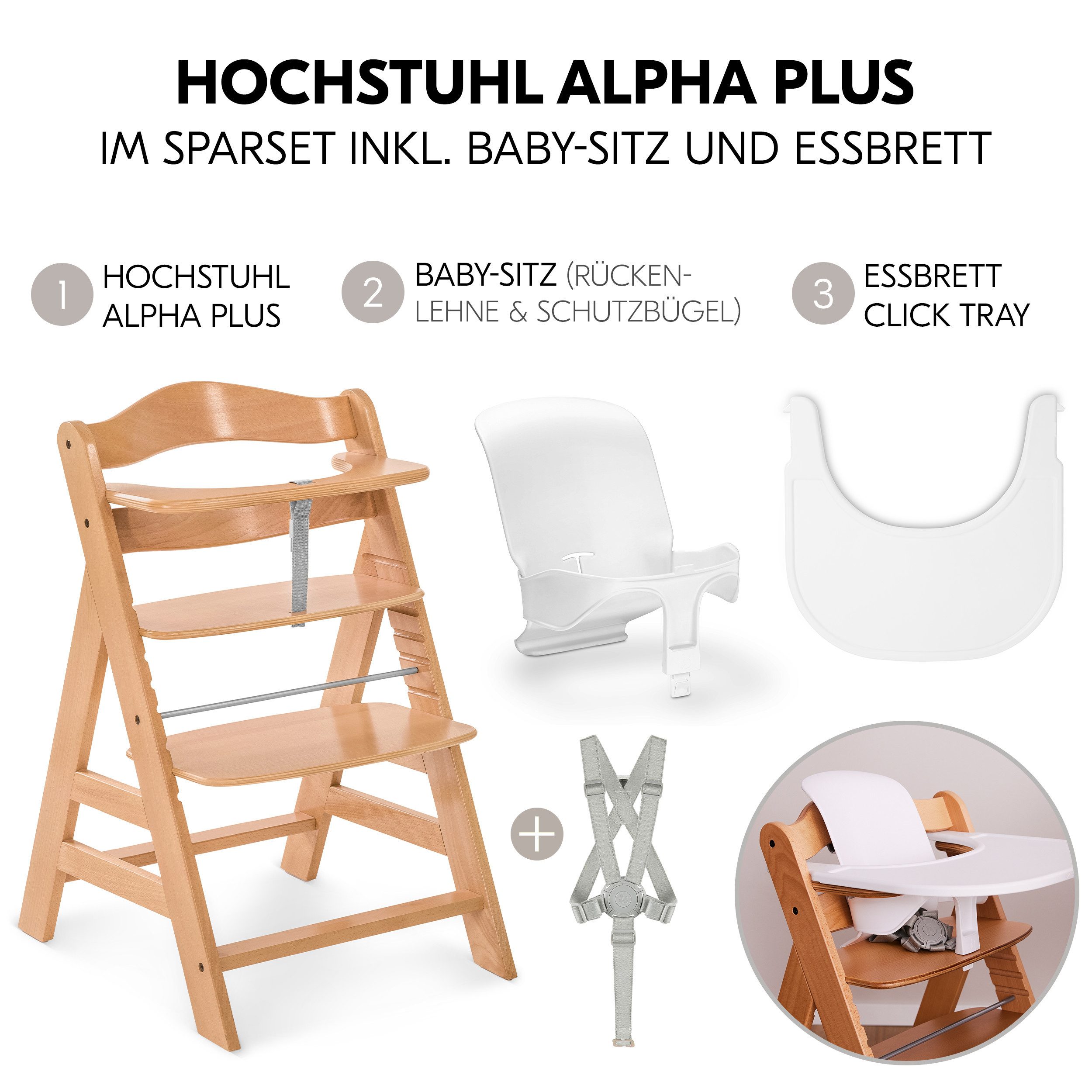 Hauck Hochstuhl Alpha Plus Set - Natur, Mitwachsender Holz Kinderhochstuhl mit Essbrett Click Tray & Baby-Sitz