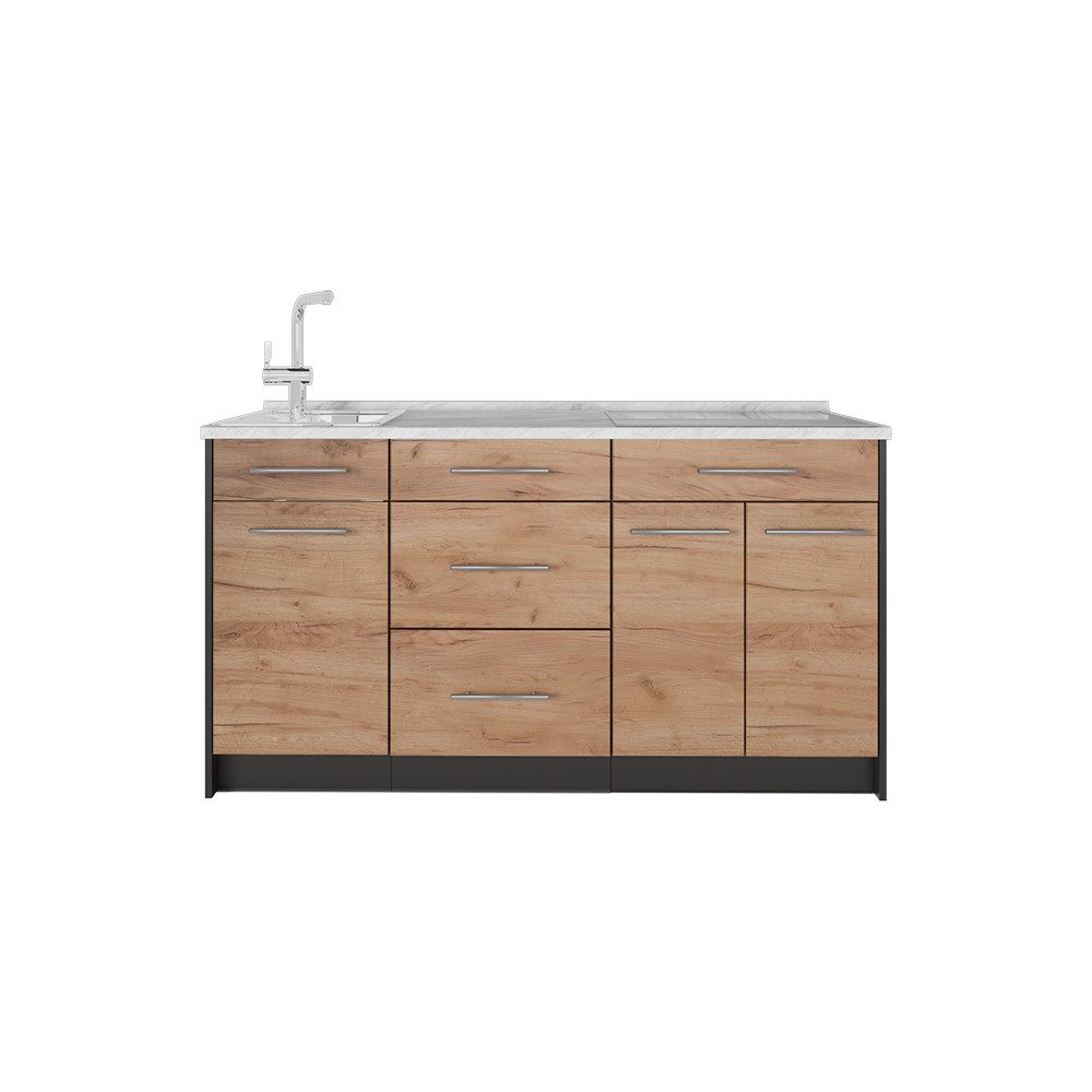 Vicco Küchenzeile Fame-Line, Goldkraft Eiche/Anthrazit, 150 cm, AP Marmor
