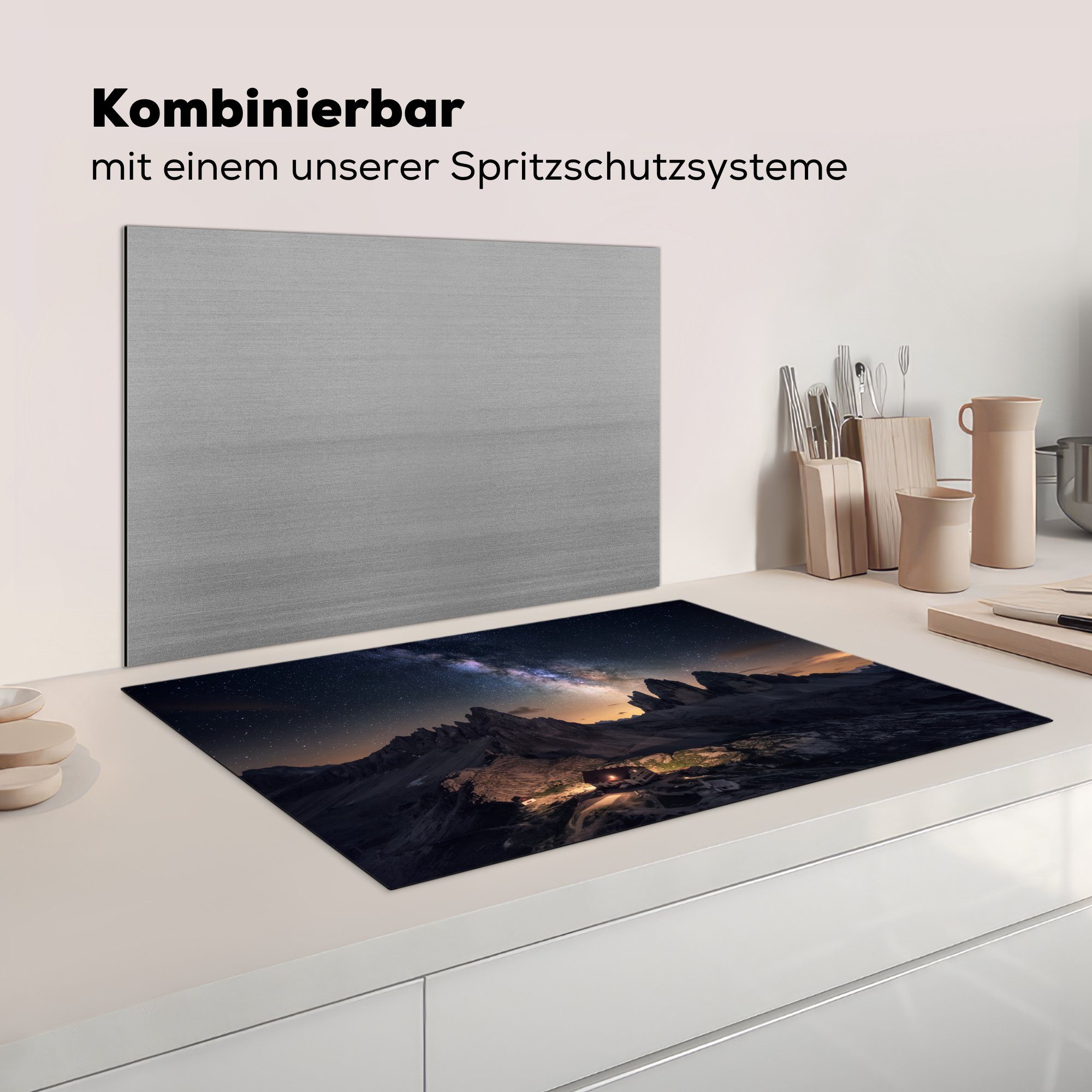 MuchoWow Herdblende-/Abdeckplatte Vinyl, Berglandschaft tlg), Sternenhimmel, Induktionskochfeld die cm, unter Ceranfeldabdeckung Schutz für (1 81x52 küche