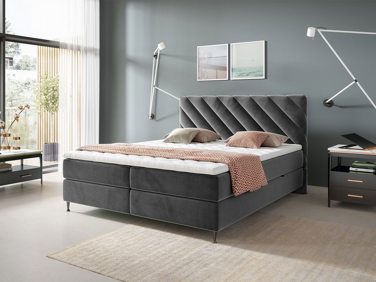 MIRJAN24 Boxspringbett Enzo (mit Hauptmatratze, Topper, Kopfteil), 140, 160, 180 / 200 cm, mit zwei Bettkästen