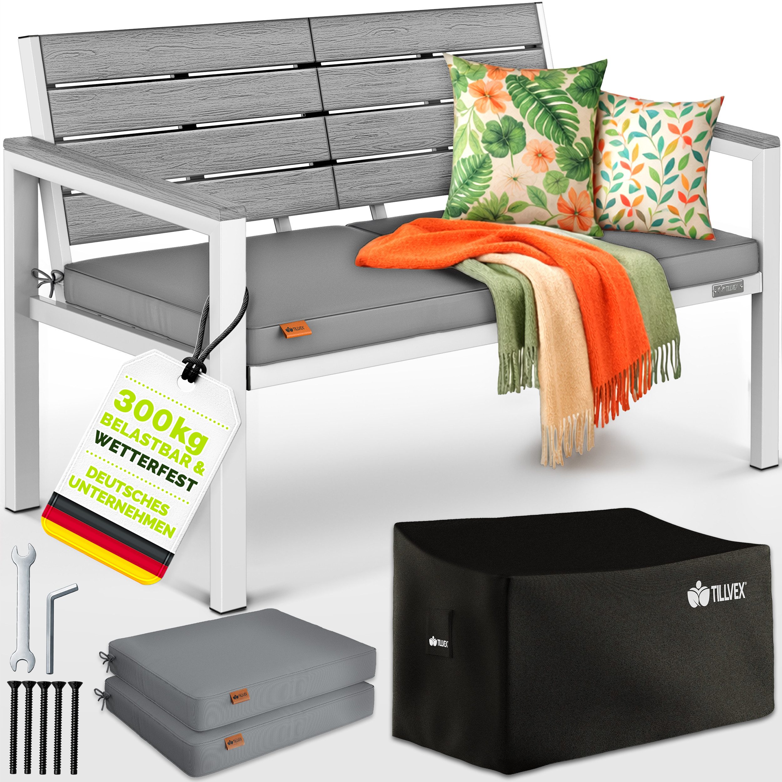 tillvex Gartenbank mit Abdeckung & Kissen in Holzoptik bis 300kg (Garten Terrasse Balkon mit waschbarem Bezug, Parkbank in Holzoptik belastbar UV-beständig Sitzbank)