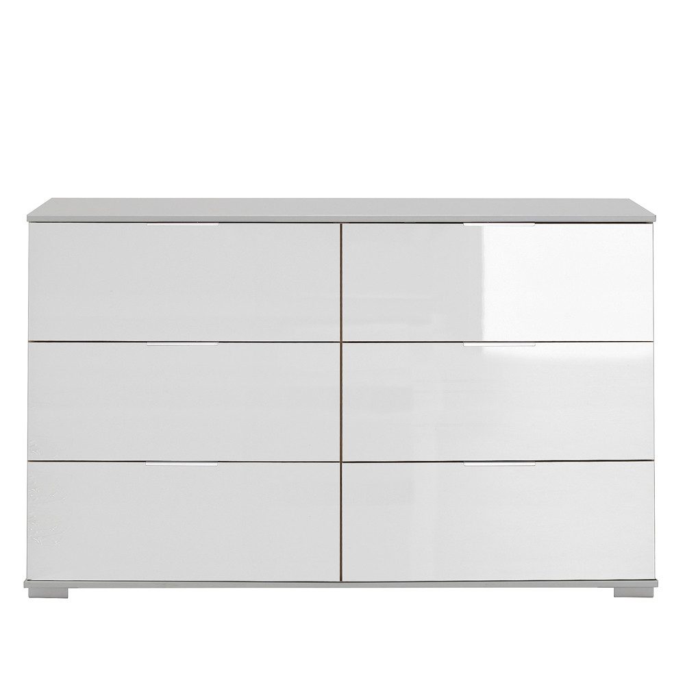 Lomadox Kommode ELSTRA-43, Schlafzimmer mit 6 Schubladen in weiß mit weißem Glas, 130/83/41 cm