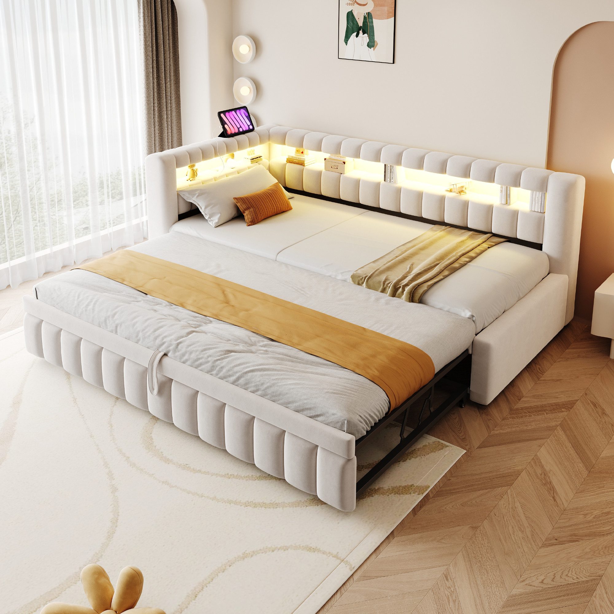 Flieks Daybett, Polsterbett Schlafsofa mit Ausziehbett 90/180x200cm mit LED günstig online kaufen