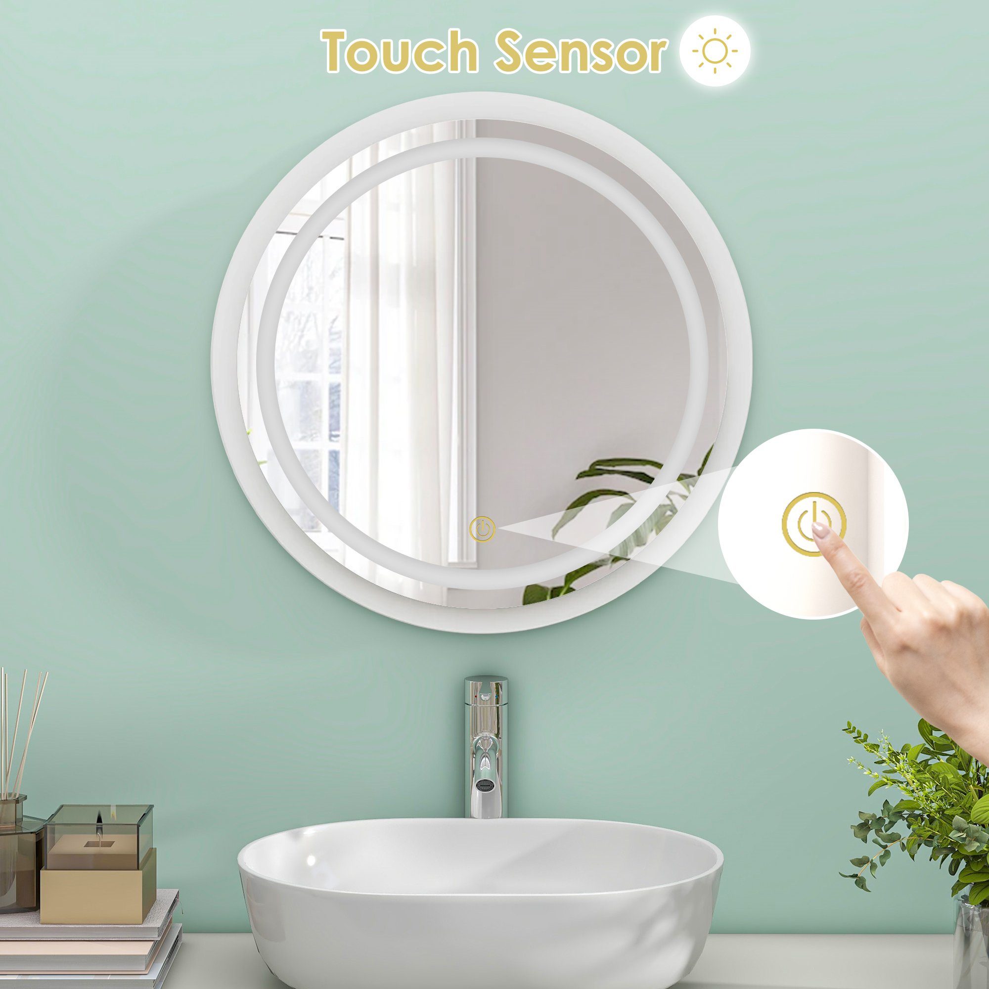 Odikalo Kosmetikspiegel Touch-Funktion,Schlafzimmer, 54x54cm,rund Wandspiegel, LED-Spiegel