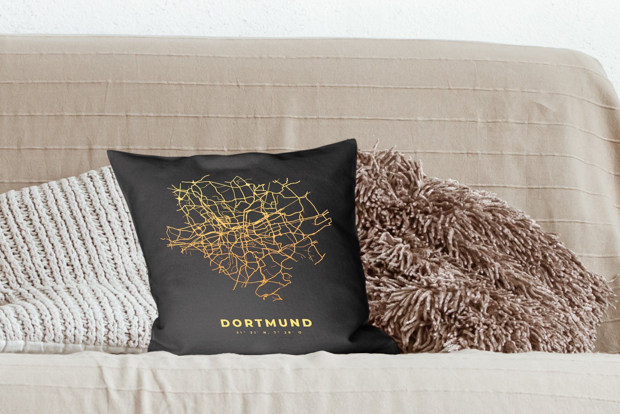 MuchoWow Dekokissen Stadtplan - Dortmund Zierkissen für Wohzimmer, Gold Deko, Karte, mit Schlafzimmer, - - Füllung Sofakissen