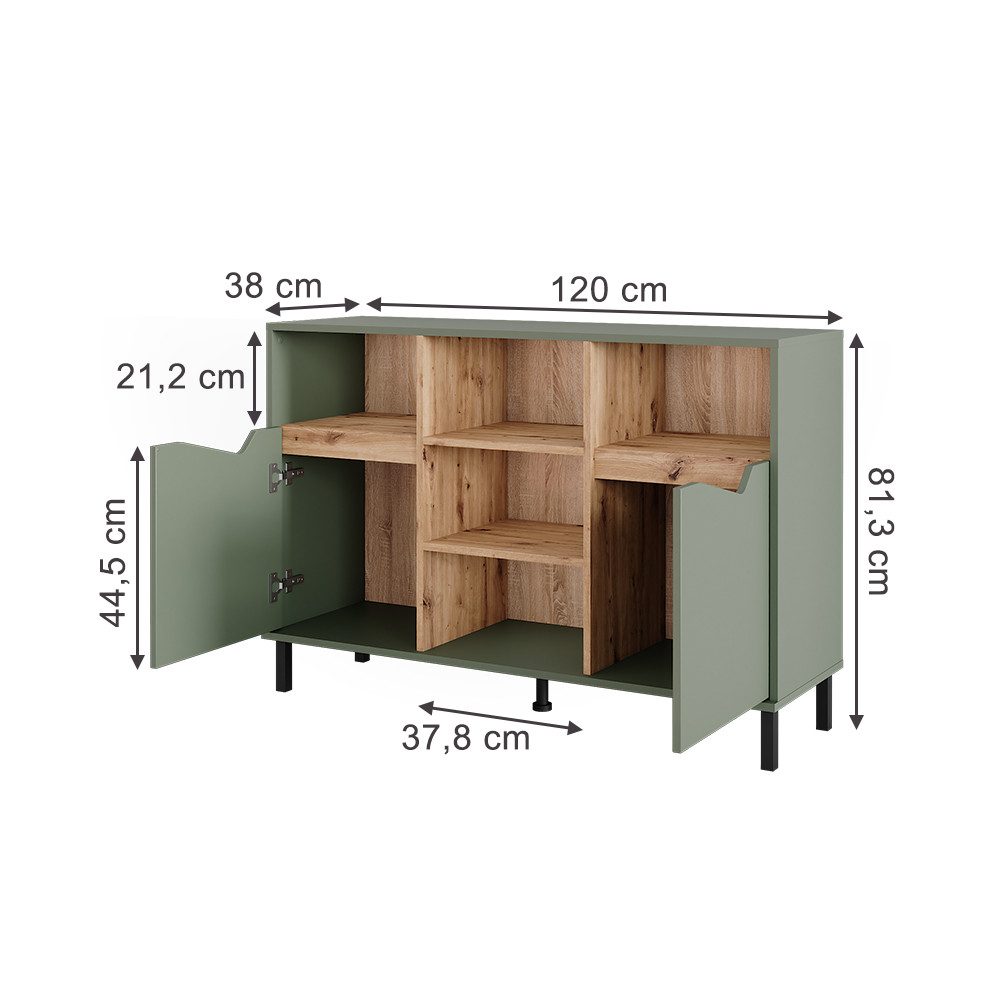 Vicco Kommode Marelle, Grün/Artisan, 120 x 81.3 cm mit 2 Türen (1 St)