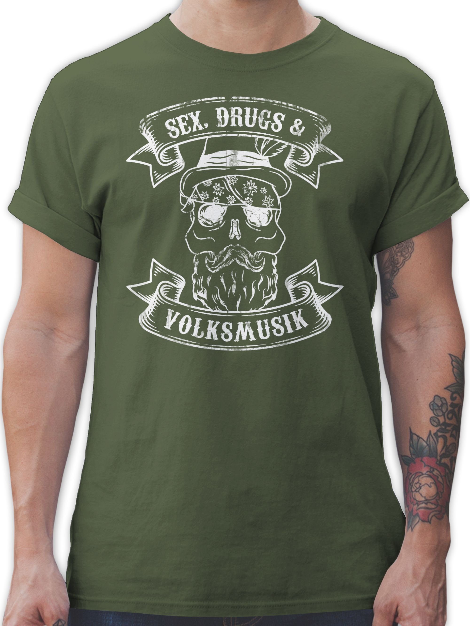Shirtracer T-Shirt Sex Drugs Volksmusik Totenkopf Mode für Oktoberfest Herren 3 Army Grün