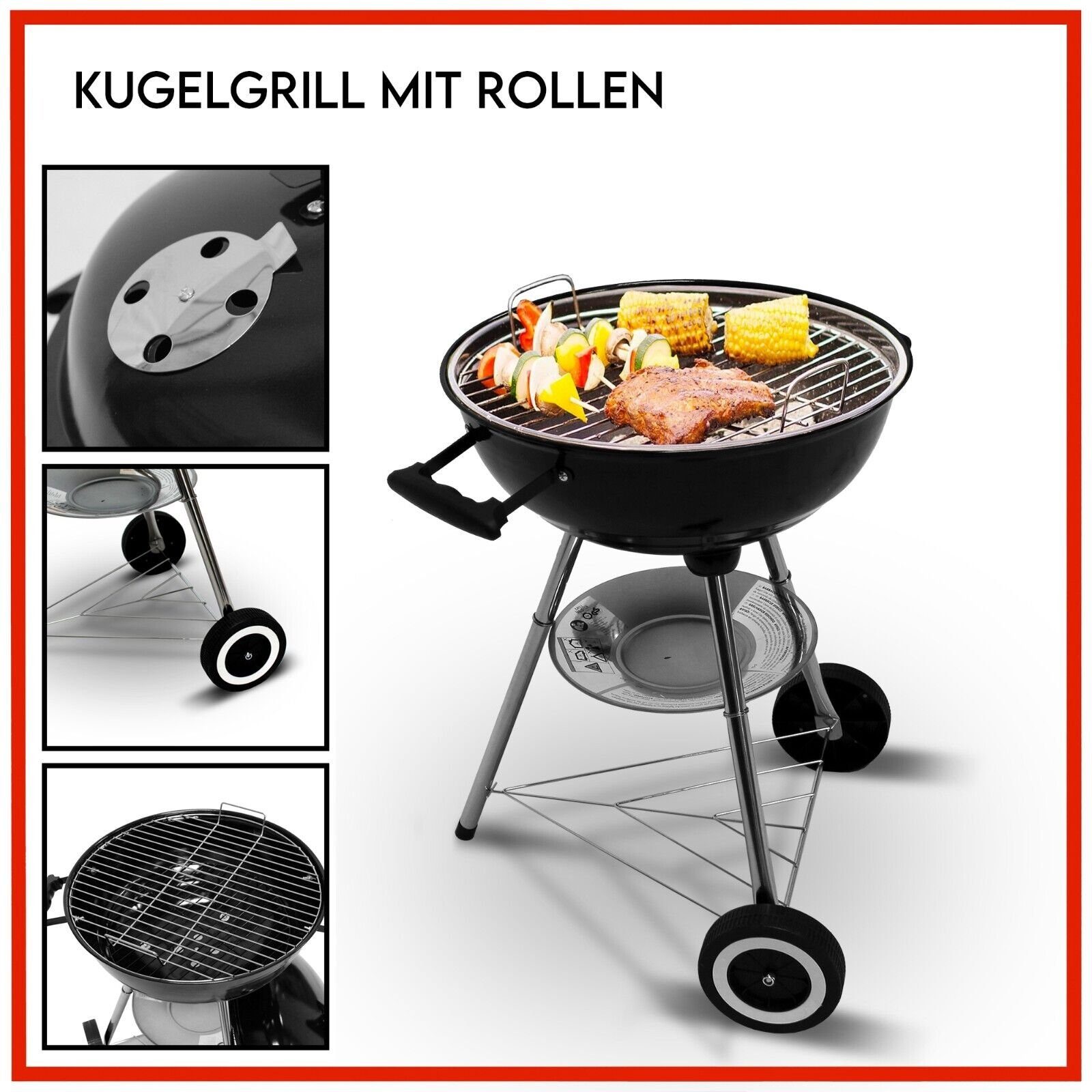 Holzkohlegrill XXL Kugelgrill Holzkohlegrill Standgrill Ø44 Grillwagen BBQ Grill
