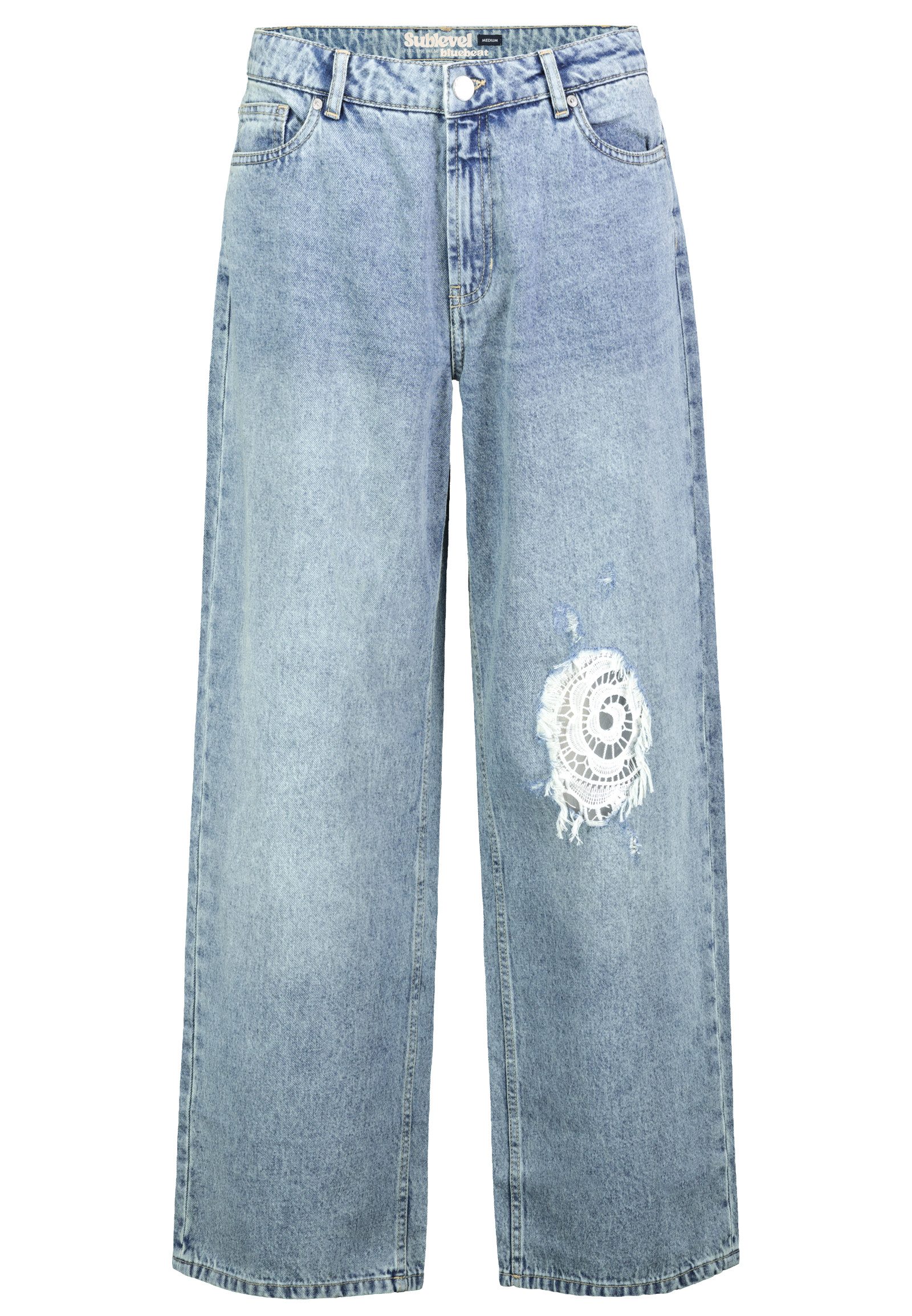 SUBLEVEL Straight-Jeans Damen Wide Leg Jeans Spitzeneinsatz, Weites Bein, Used-Look