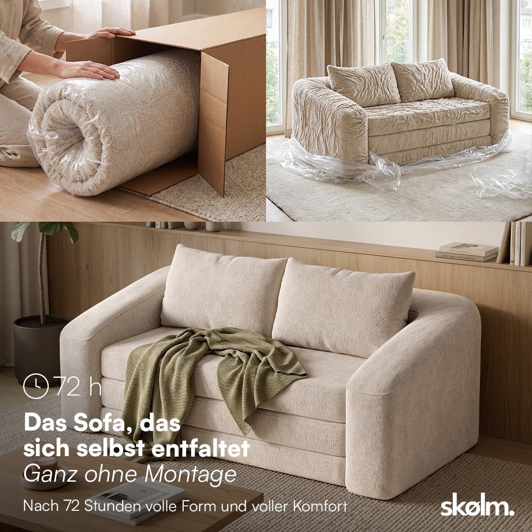 skølm Schlafsofa & Schlafsessel Fjäll mit Kissen, ohne Aufbau, vakuumverpackt, beige, Klappsofa 182x100x70 cm, Teddy-Bouclé Schlafcouch – Bild 3 von 5