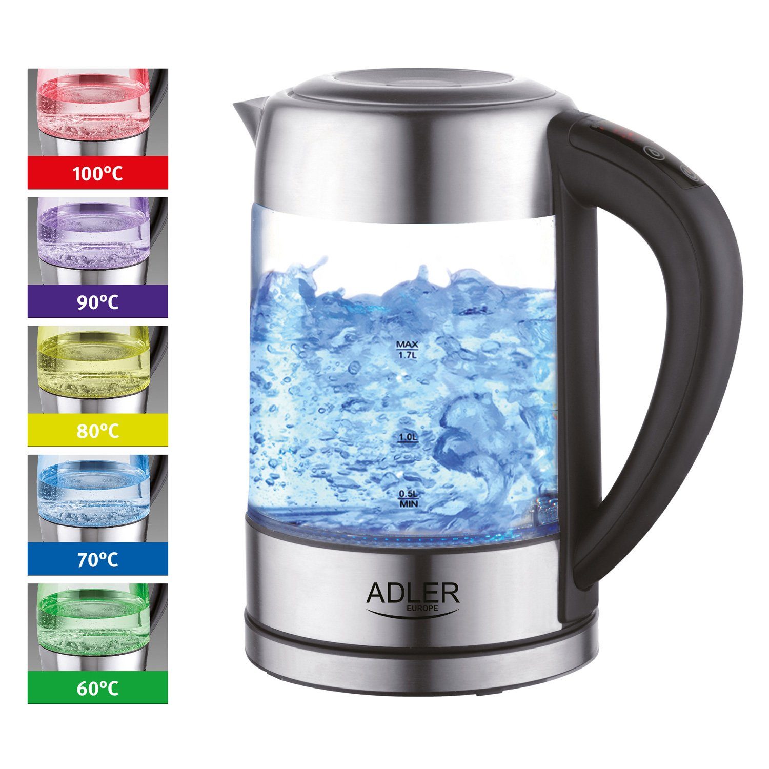 Wasserkocher Adler AD 1247 Glas-Wasserkocher 1,7 L mit Temperatureinstellung