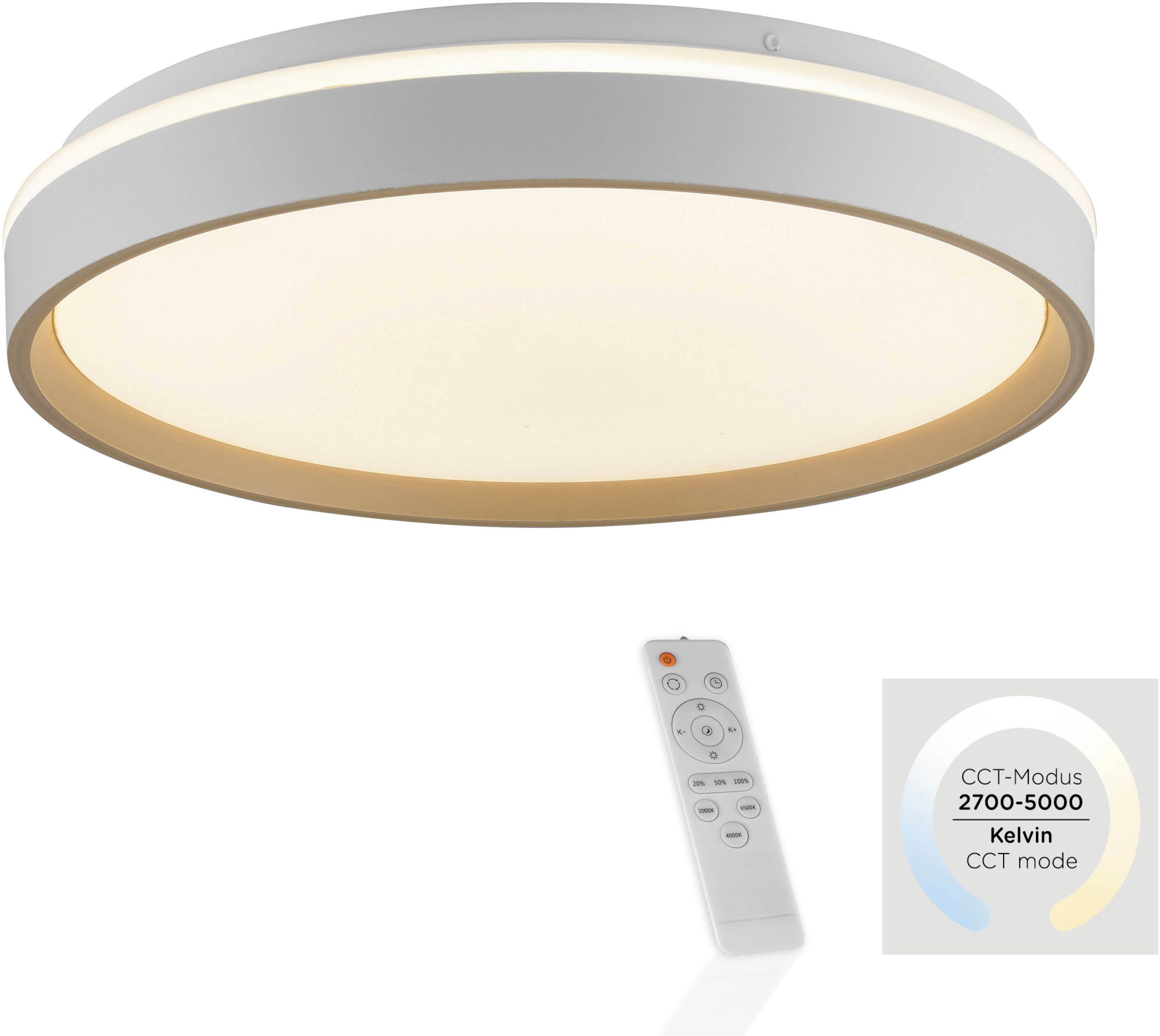 JUST LIGHT LED Deckenleuchte MIO, CCT - über Fernbedienung, LED fest integriert, warmweiß - kaltweiß, CCT-Farbtemperatursteuerung, Infrarot-FB, Stufenlos dimmbar, Memory