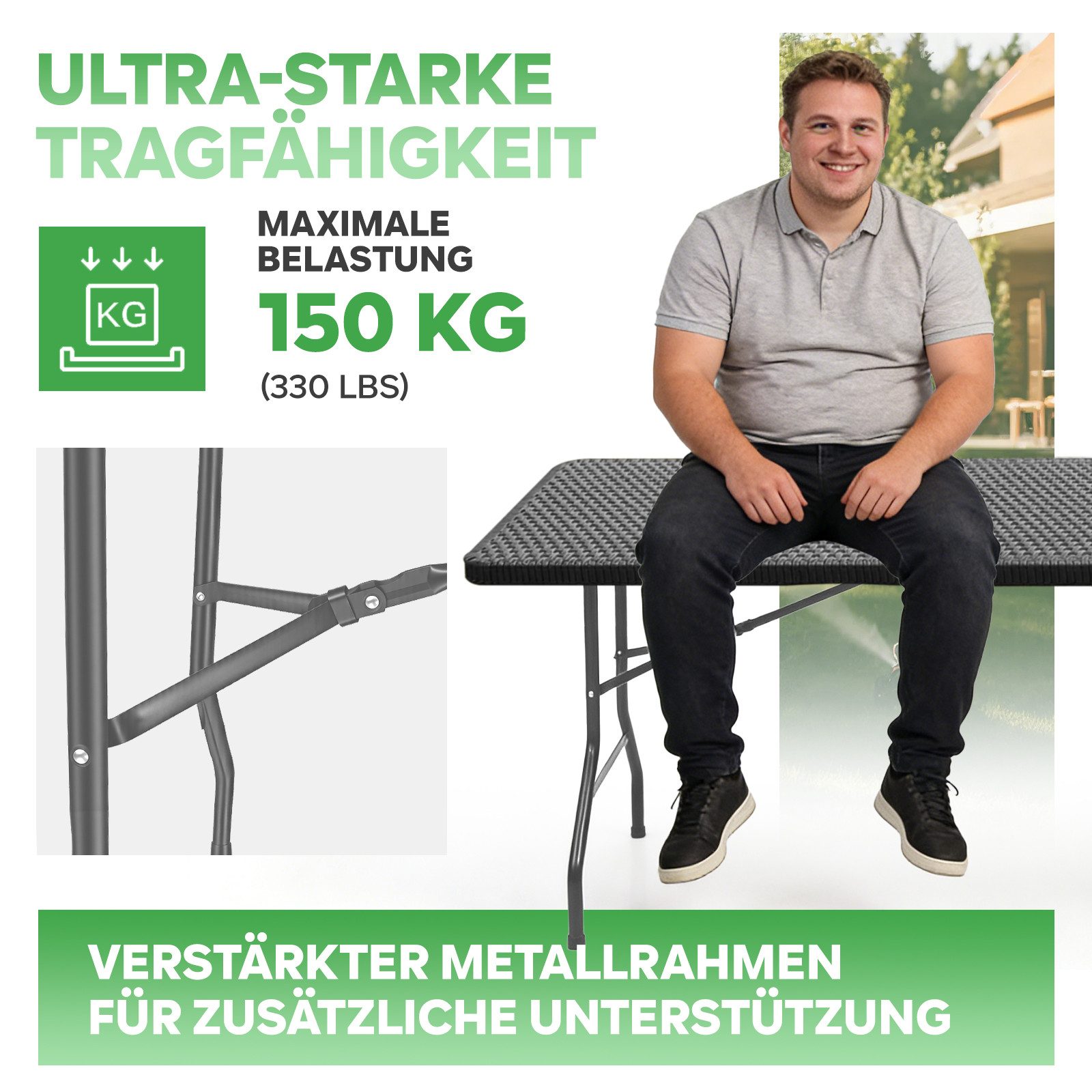 Eiryss Klapptisch 180x74 cm Tragbar Klappbar Gartentisch, Bis 150 kg, für 8-10 Personen (1), Campingtisch Partytisch Buffettisch, Witterungsbeständig – Bild 4 von 5