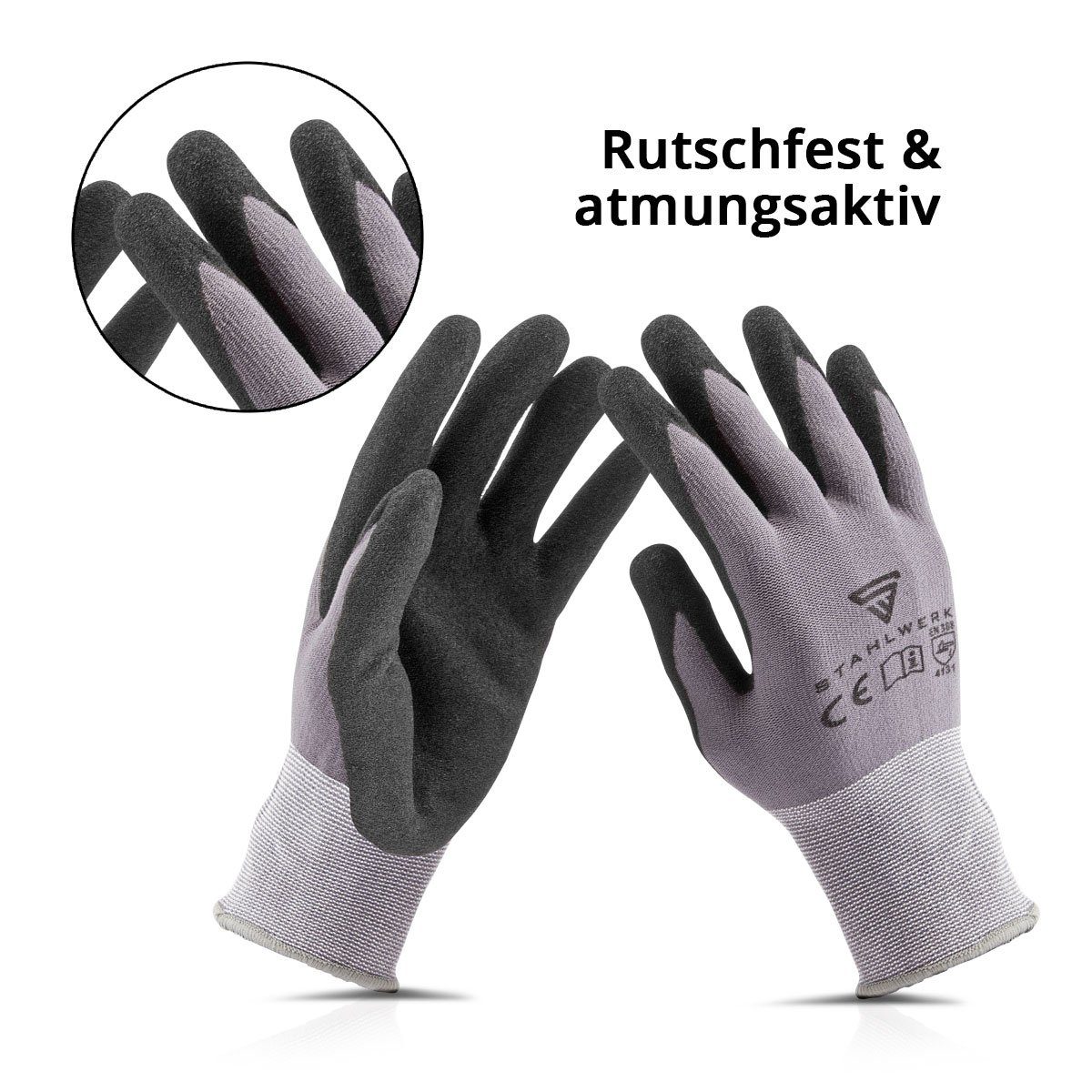 STAHLWERK Arbeitshandschuhe Montagehandschuhe 10 Paar, Größe XL mit Nitril PU-Beschichtung (Set, 10-St., Set) rutschfest, abriebfest, schnittfest, wasserabweisend