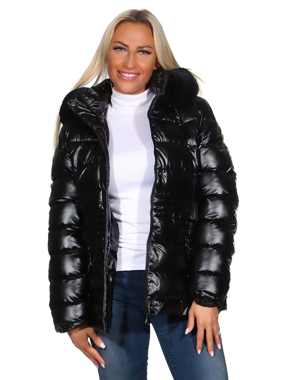 Aurela Damenmode Steppjacke Steppjacke Damen abnehmbare Kapuze Kunstfell Winter Jacke abnehmbare Kapuze, abnehmbares Kunstfell Grau