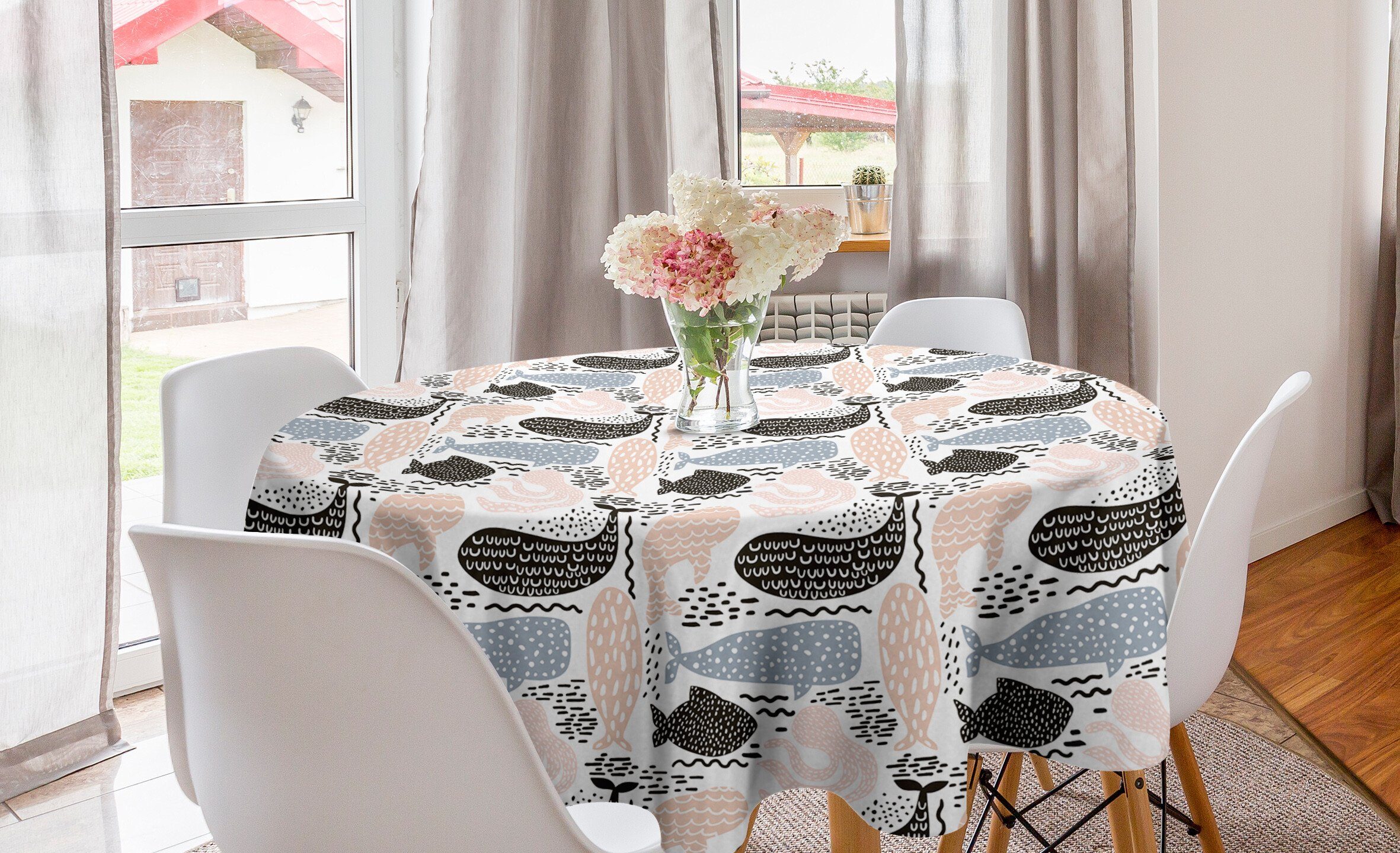 Dekoration, Tischdecke Tischdecke für Esszimmer Küche Wassertier-Silhouette Kreis Abakuhaus Abdeckung Wal