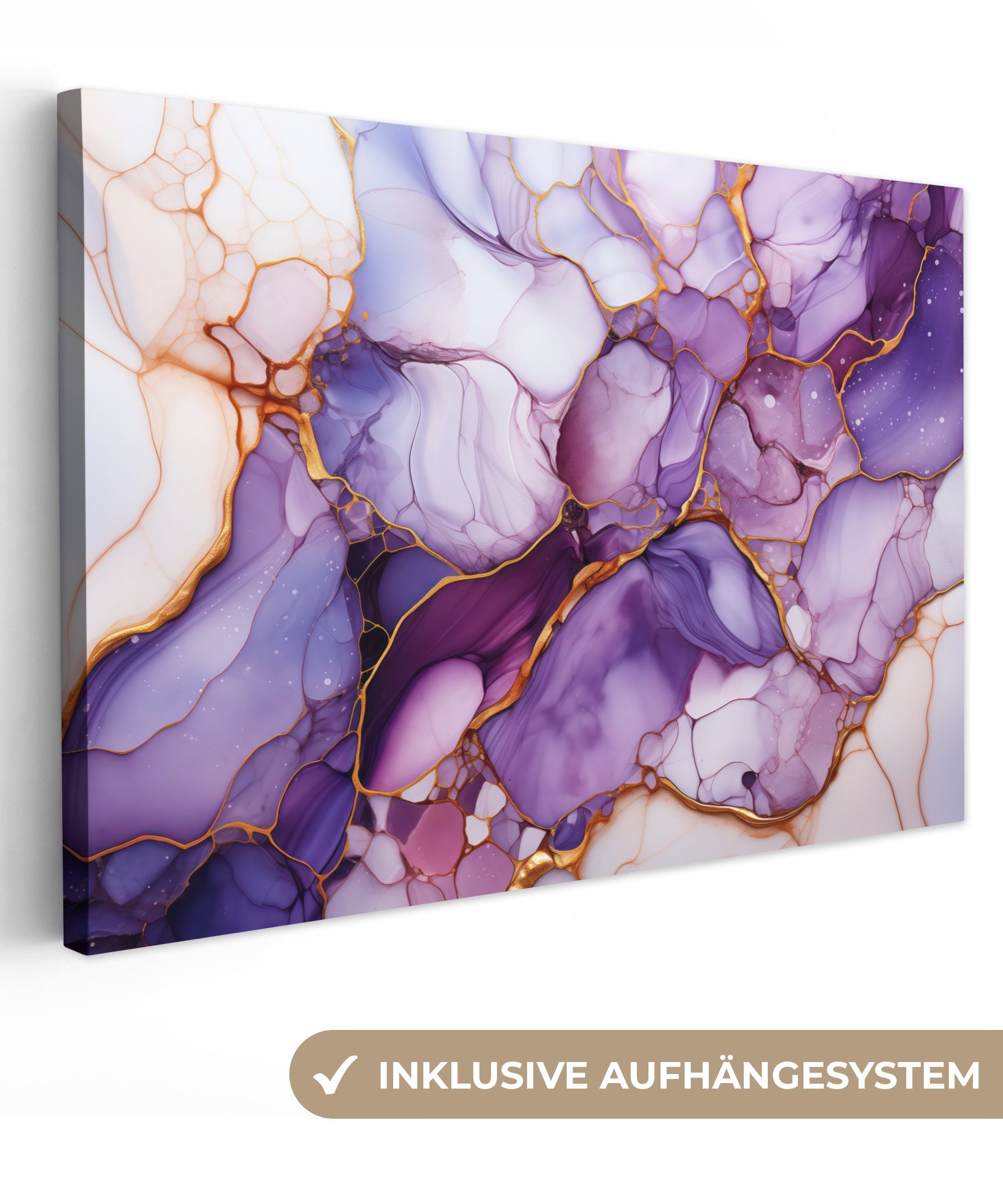 OneMillionCanvasses® Leinwandbild Marmor - Lila - Flieder - Gold, Fotodruck (1 St), Leinwand Зображення Klein, Wand Dekoration Aesthetic 30x20 cm