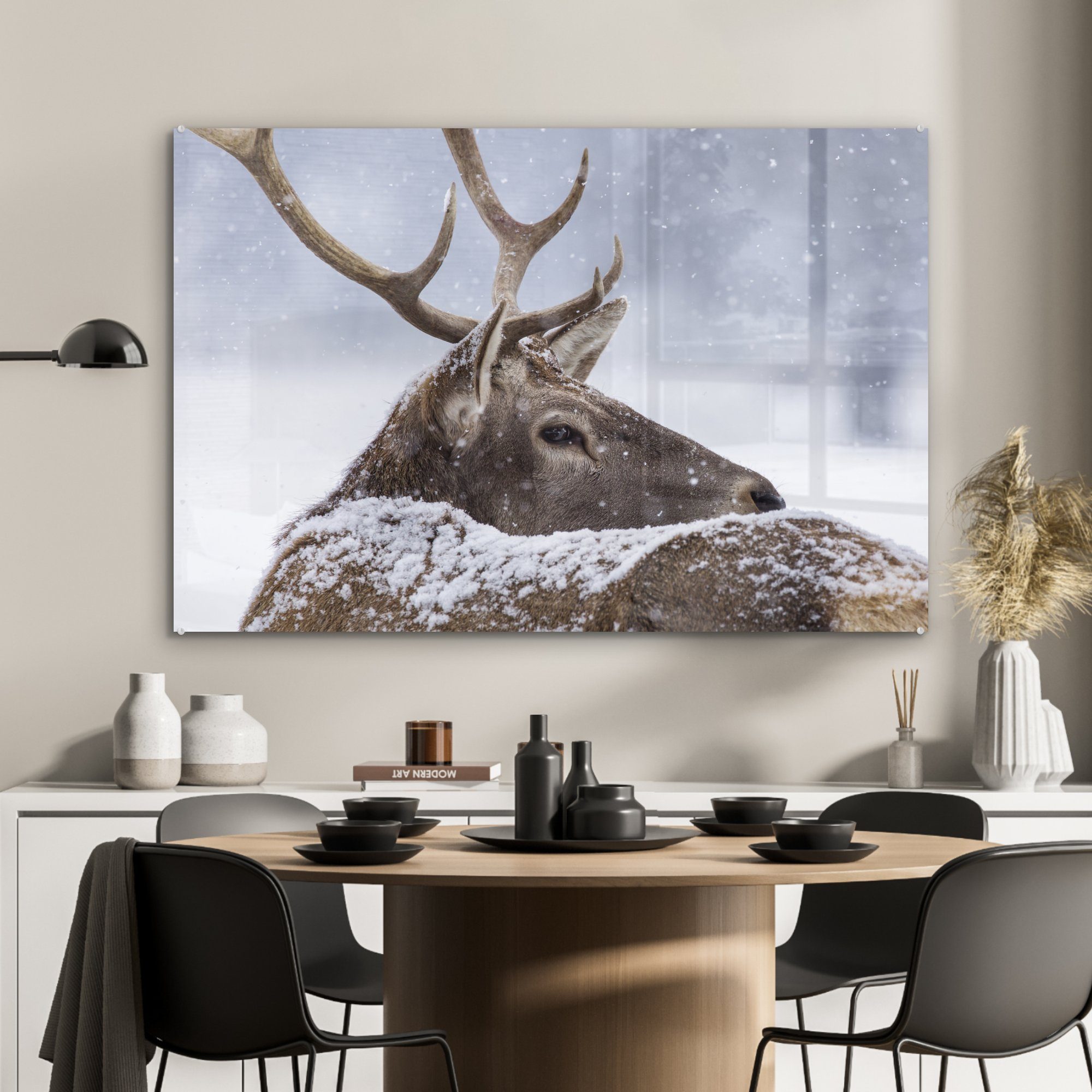 - Wohnzimmer St), - Acrylglasbild & Winter, Acrylglasbilder MuchoWow Schlafzimmer (1 Schnee Hirsche Geweihe -