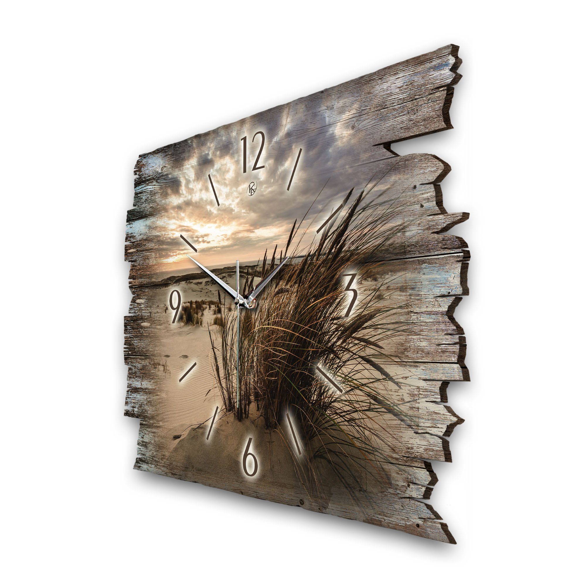 Kreative Feder Wanduhr Design-Wanduhr „Sandstrand“ aus Holz im Shabby Style Design (ohne Ticken; flüsterleises Uhrwerk; außergewöhnlich, modern)