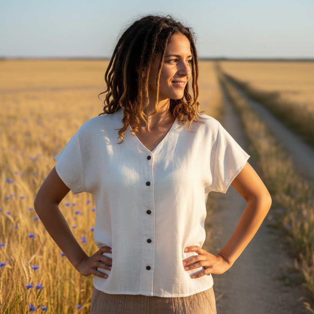 Guru-Shop Longbluse Luftiges Basic Blusentop, Kurzarm Baumwollbluse.. alternative Bekleidung