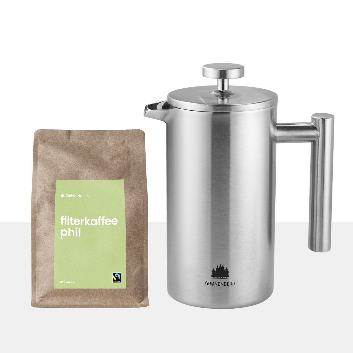 GRØNENBERG French Press Kanne Spar Set 5: Bio Kaffeepulver 250g + French Press (2 Größen), Edelstahl Кофеварки mit Thermo Effekt & inkl. Ersatz Filter