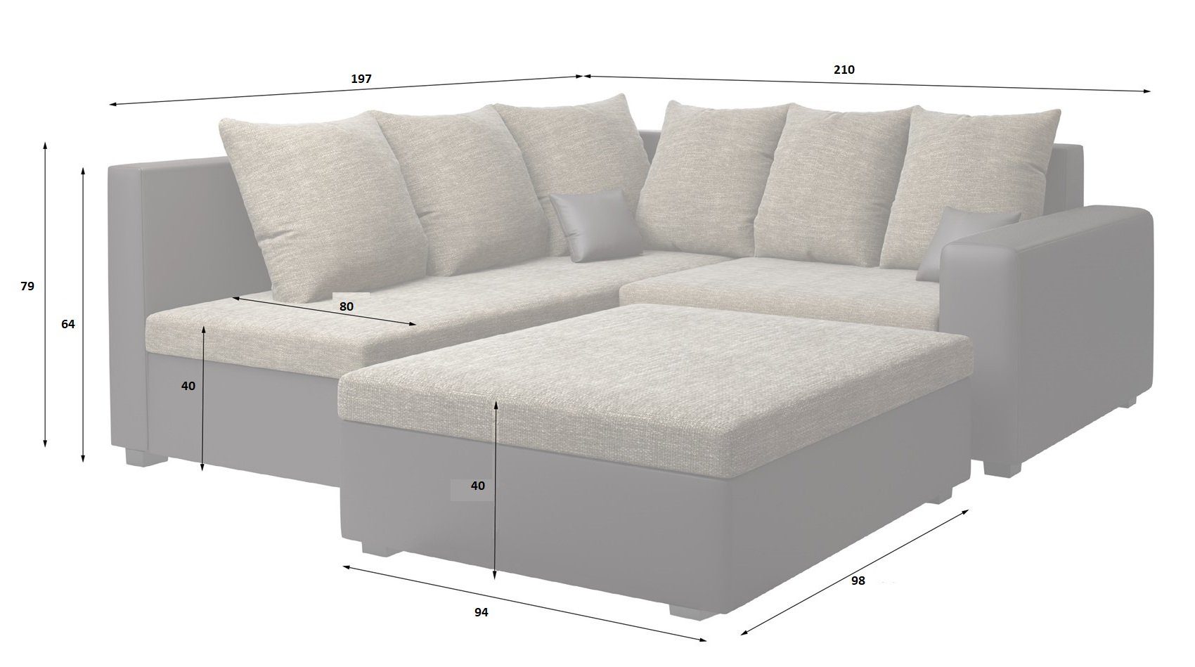Fun Möbel Ecksofa Sofa Links, 2x Zierkissen, oder Rechts Rückenkissen NINA inkl mane x 6 inkl. Weiß/Beige Hocker und