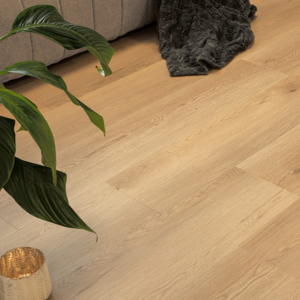HOME DELUXE Vinylboden Klick-Vinylboden mit Trittschall Eiche Beige - Flächenauswahl, Feuchtraumbereich geeignet, Integrierte Schalldämmung, Fußbodenheizung geeignet, Vinylbodenbelag in Holzoptik, Dielenboden