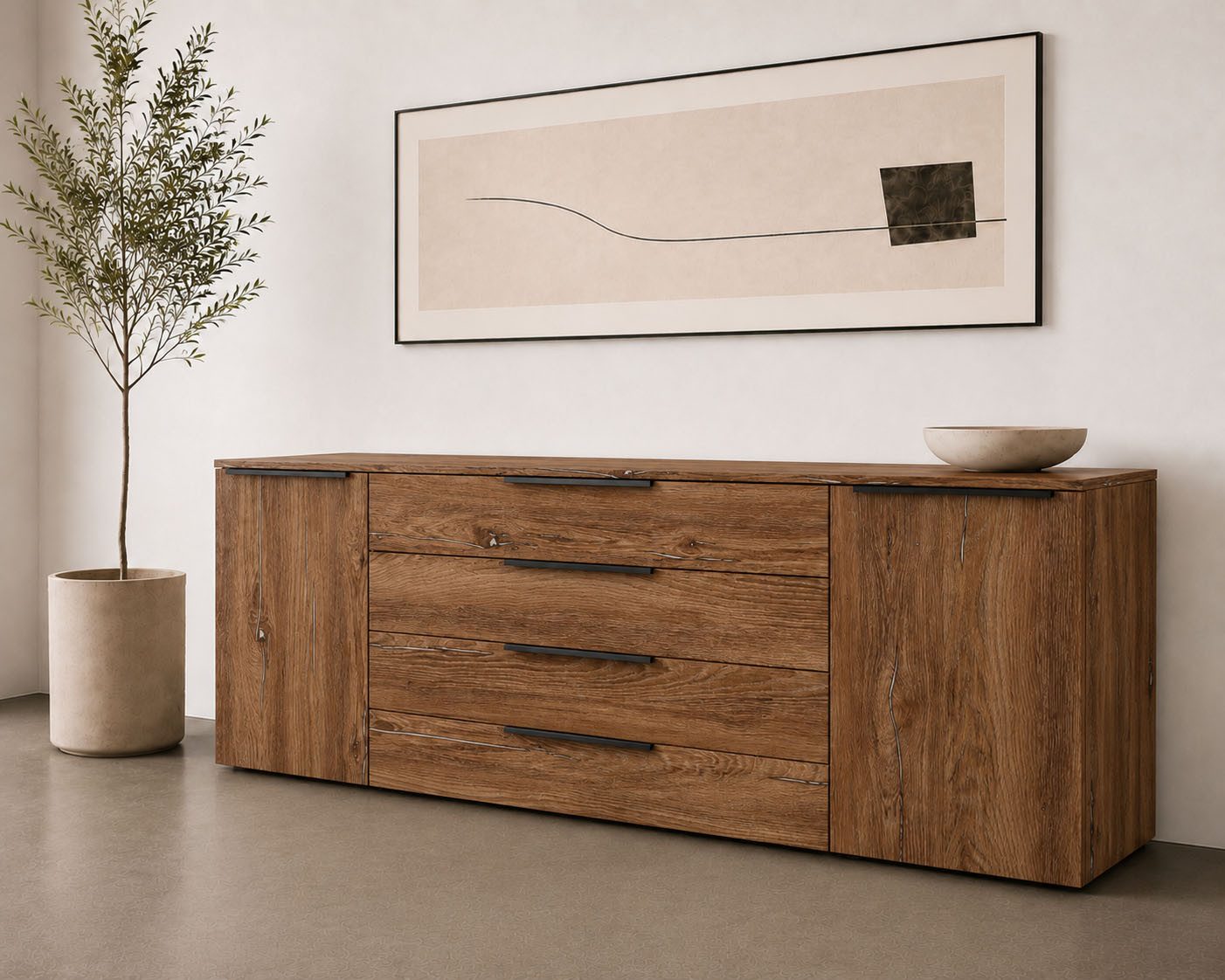 borchardt Möbel Sideboard Tom, moderne Kommode mit Metallgriffen, 200cm breit, 2 Türen, 3 Schubfächer, Metallgriffe anthrazit